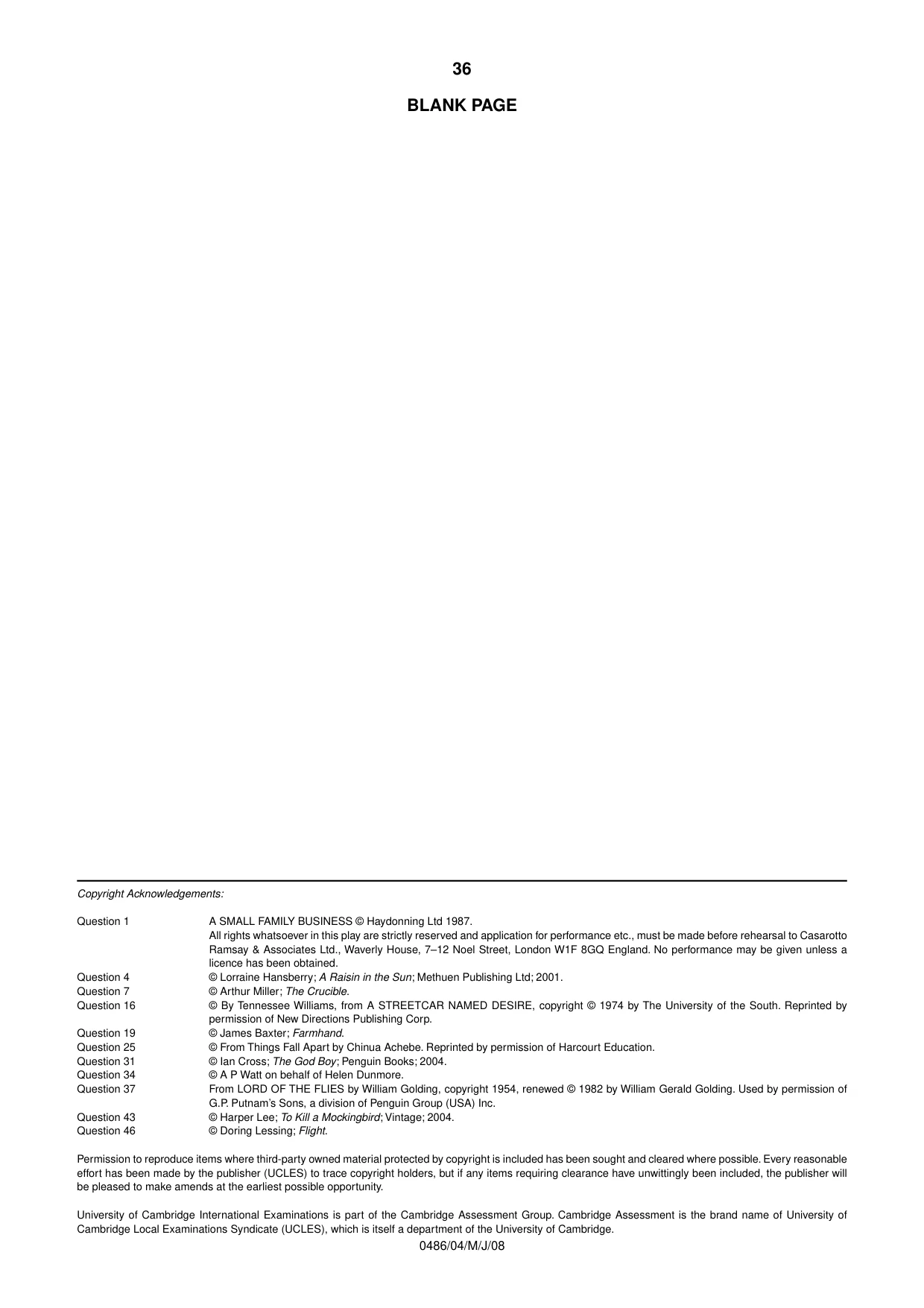 Cambridge IGCSE English - Literature 0486 2008 May/June Paper 4 · Variant 1 question paper, page 36 of 36