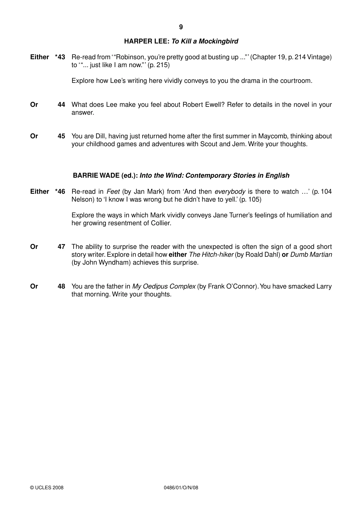 Cambridge IGCSE English - Literature 0486 2008 Oct/Nov Paper 1 · Variant 1 question paper, page 9 of 12