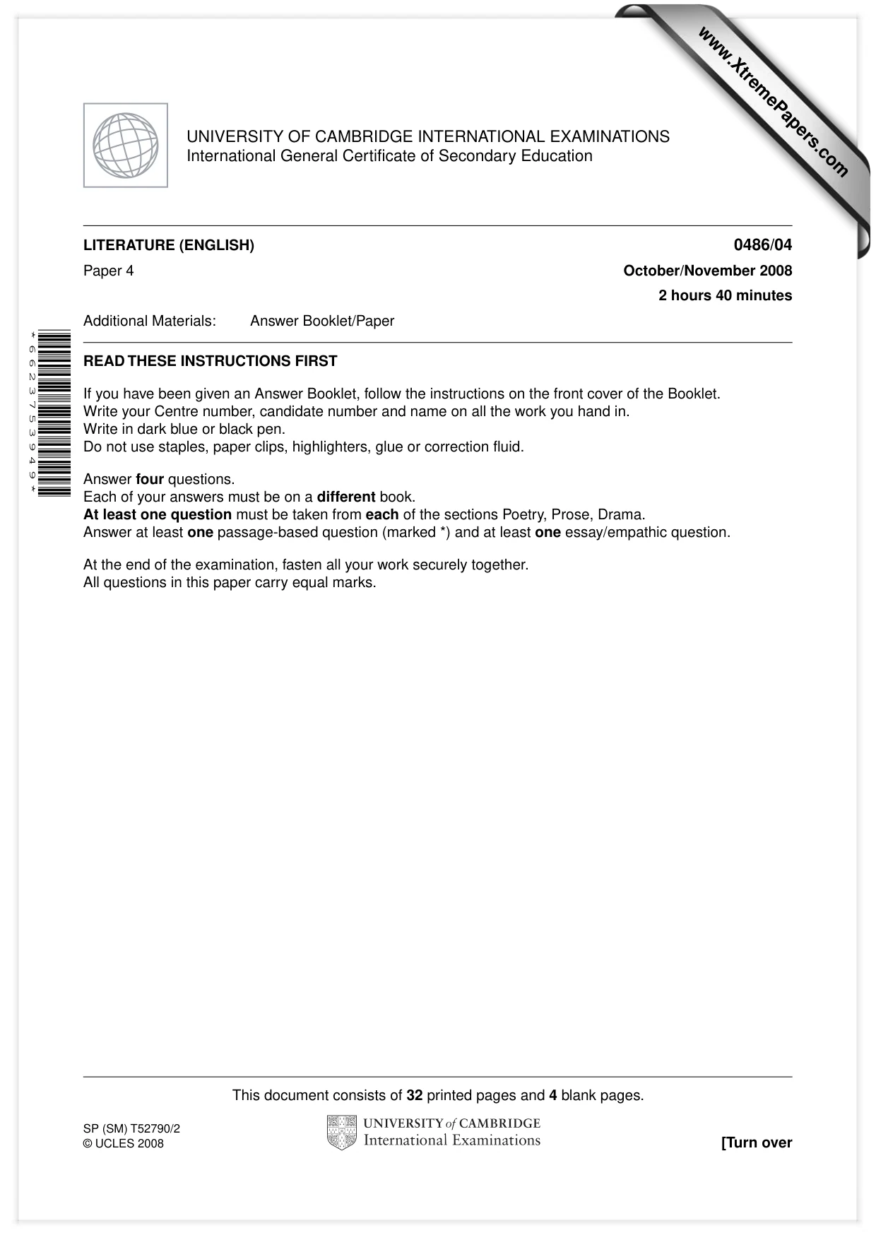 Cambridge IGCSE English - Literature 0486 2008 Oct/Nov Paper 4 · Variant 1 question paper, page 1 of 36