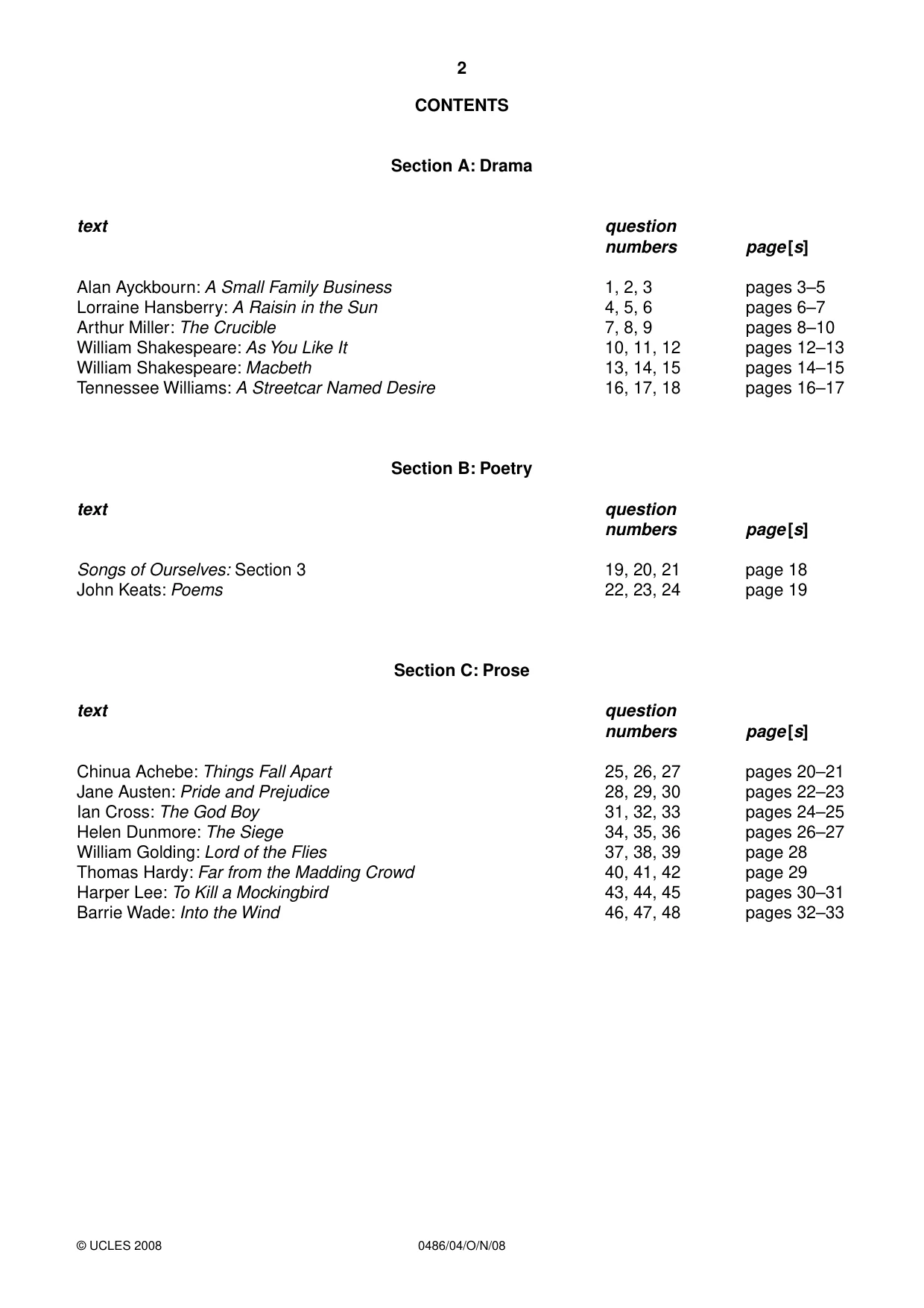 Cambridge IGCSE English - Literature 0486 2008 Oct/Nov Paper 4 · Variant 1 question paper, page 2 of 36