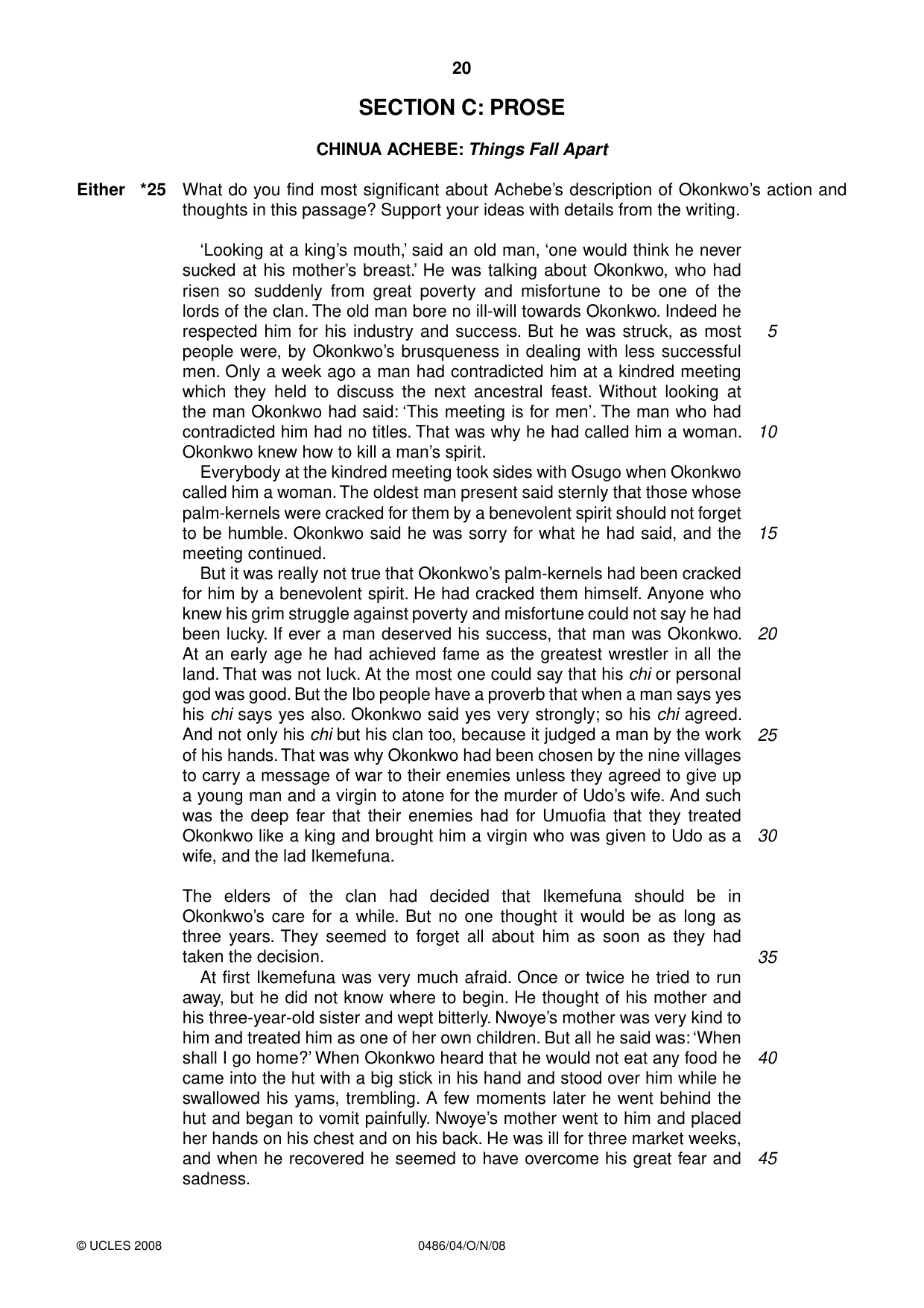 Cambridge IGCSE English - Literature 0486 2008 Oct/Nov Paper 4 · Variant 1 question paper, page 20 of 36