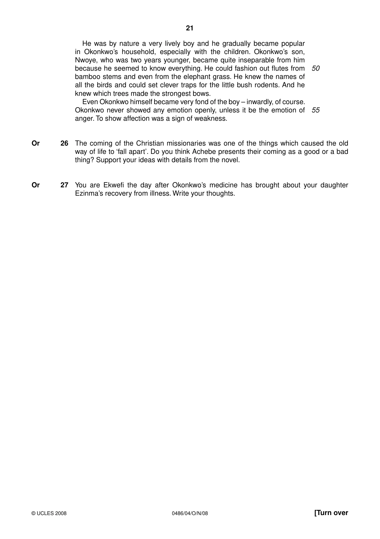 Cambridge IGCSE English - Literature 0486 2008 Oct/Nov Paper 4 · Variant 1 question paper, page 21 of 36