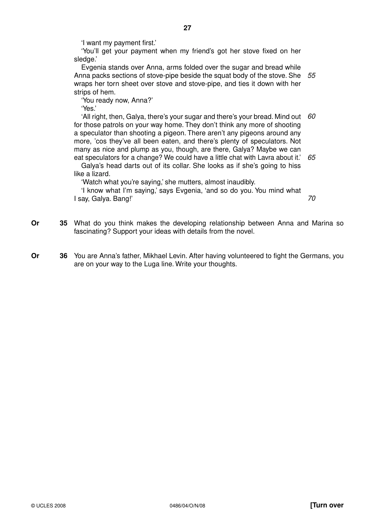 Cambridge IGCSE English - Literature 0486 2008 Oct/Nov Paper 4 · Variant 1 question paper, page 27 of 36