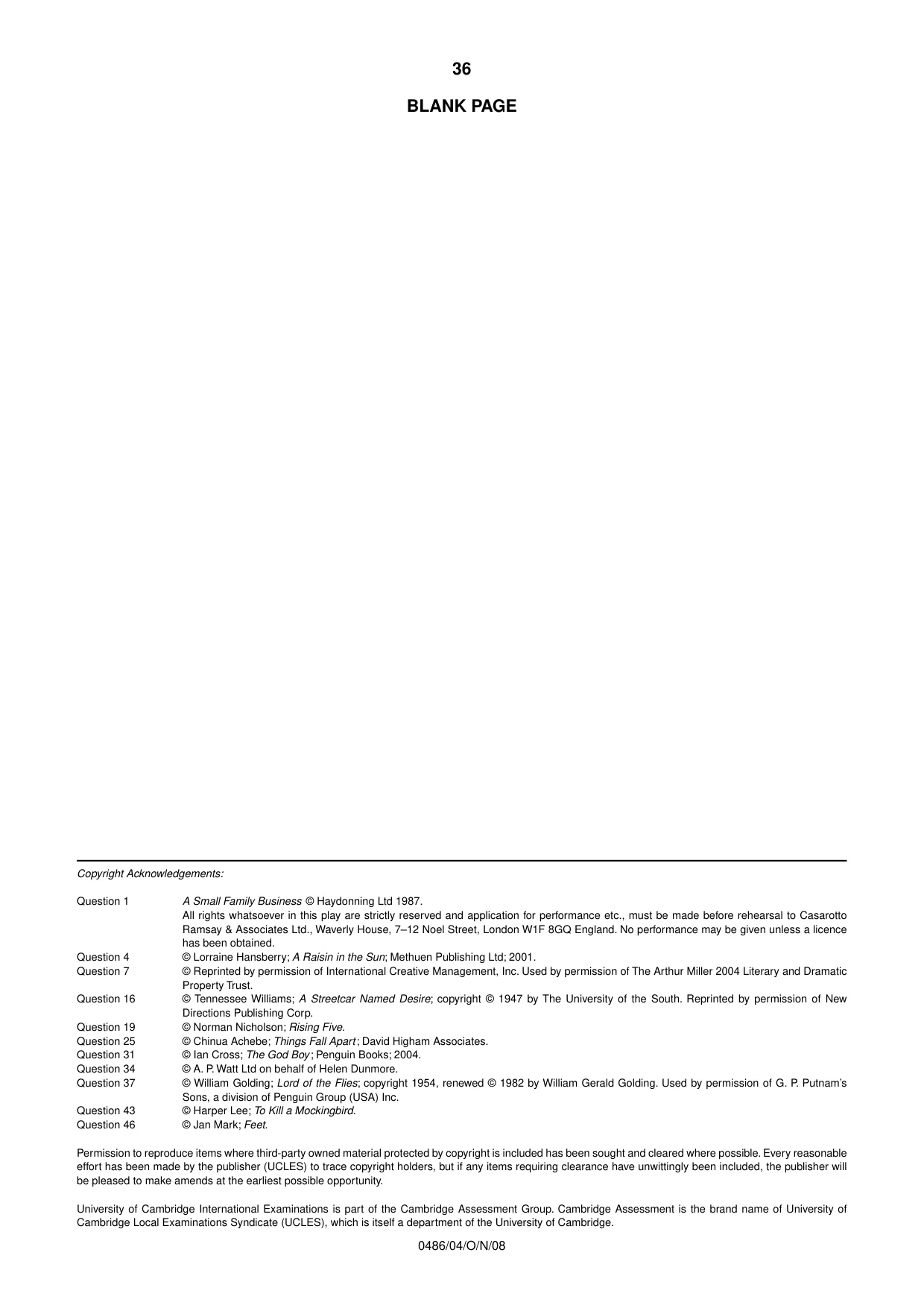 Cambridge IGCSE English - Literature 0486 2008 Oct/Nov Paper 4 · Variant 1 question paper, page 36 of 36