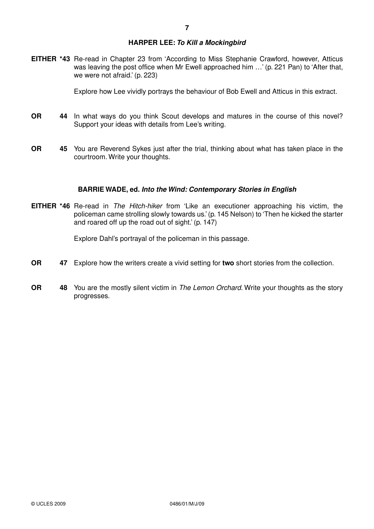 Cambridge IGCSE English - Literature 0486 2009 May/June Paper 1 · Variant 1 question paper, page 7 of 8