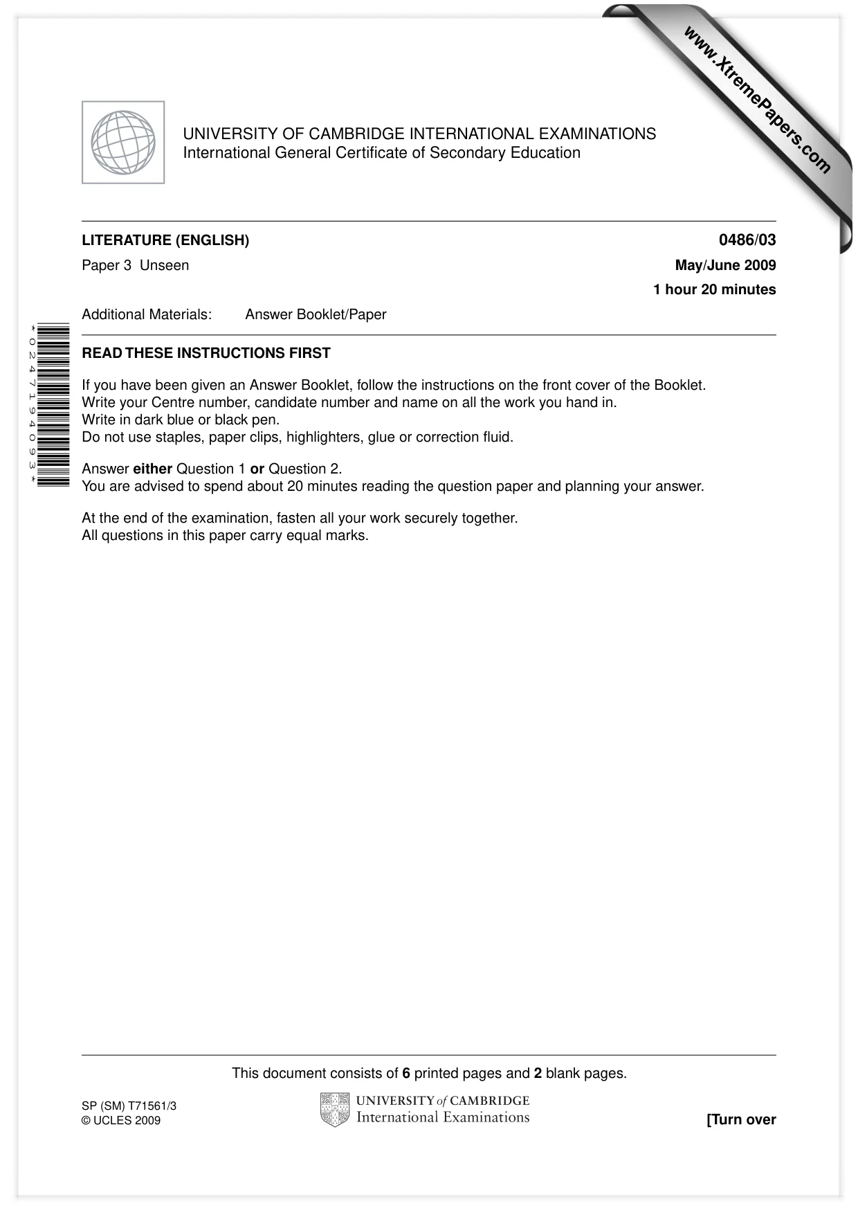 Cambridge IGCSE English - Literature 0486 2009 May/June Paper 3 · Variant 1 question paper, page 1 of 8