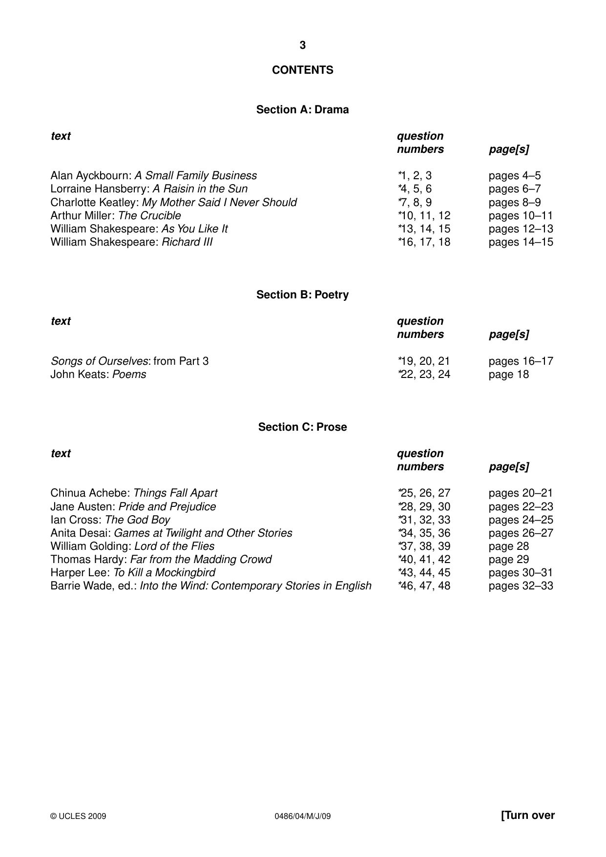 Cambridge IGCSE English - Literature 0486 2009 May/June Paper 4 · Variant 1 question paper, page 3 of 36