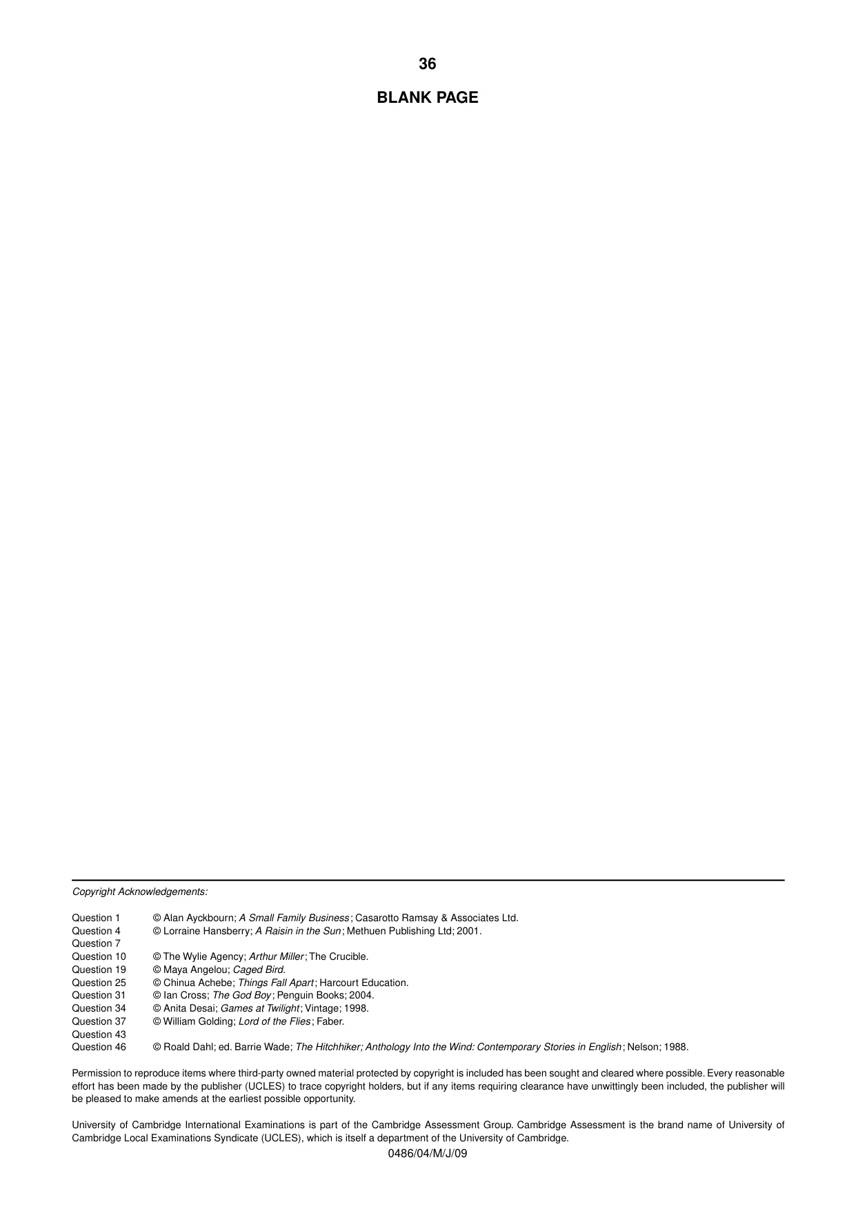 Cambridge IGCSE English - Literature 0486 2009 May/June Paper 4 · Variant 1 question paper, page 36 of 36