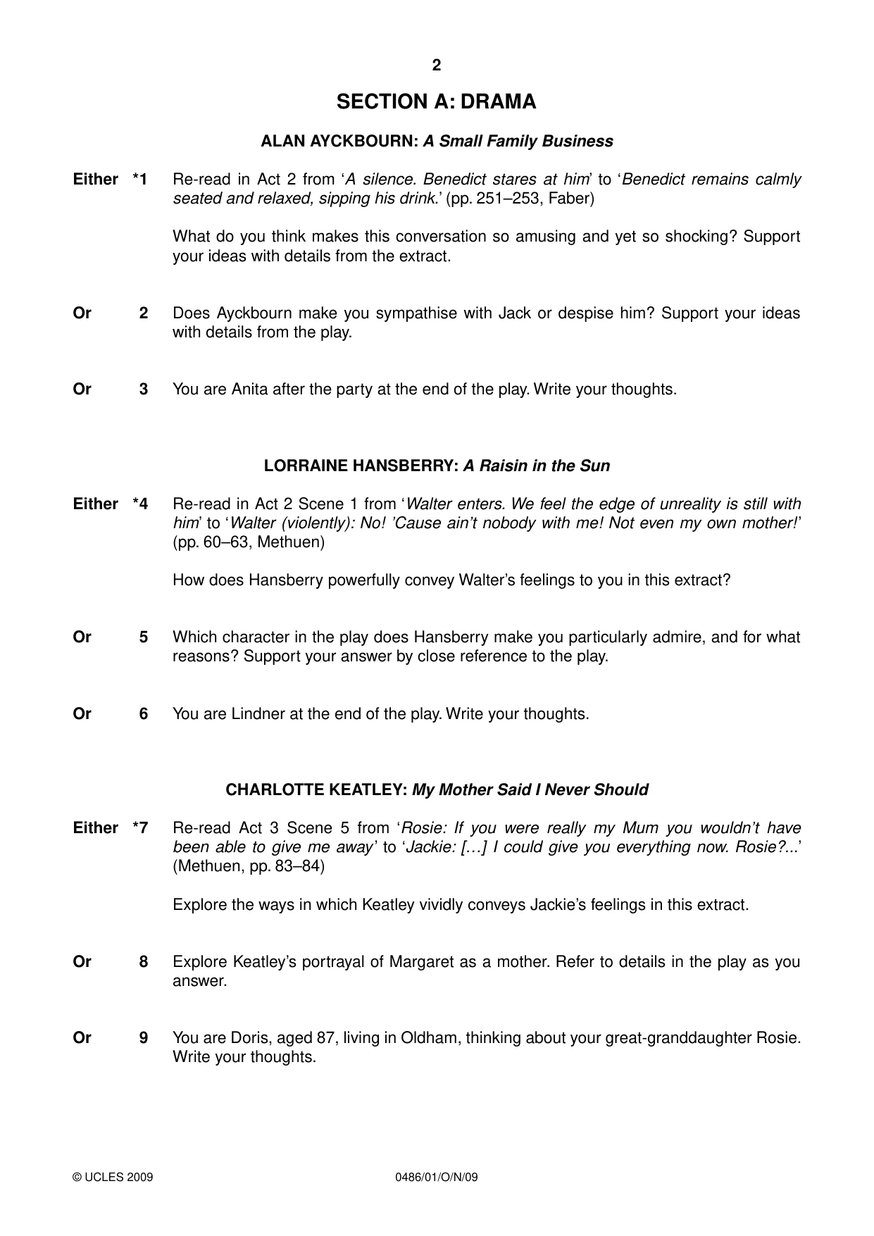 Cambridge IGCSE English - Literature 0486 2009 Oct/Nov Paper 1 · Variant 1 question paper, page 2 of 8
