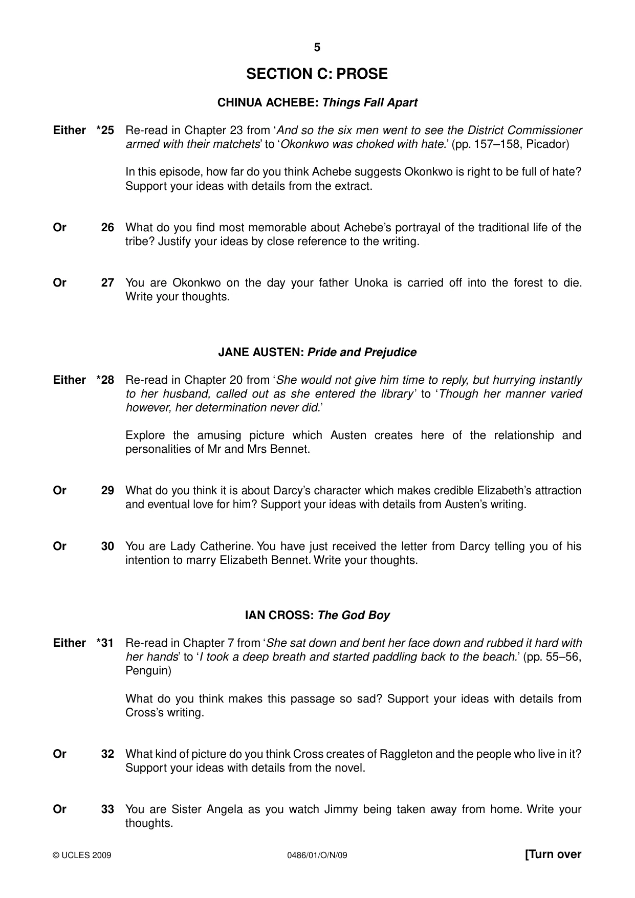 Cambridge IGCSE English - Literature 0486 2009 Oct/Nov Paper 1 · Variant 1 question paper, page 5 of 8