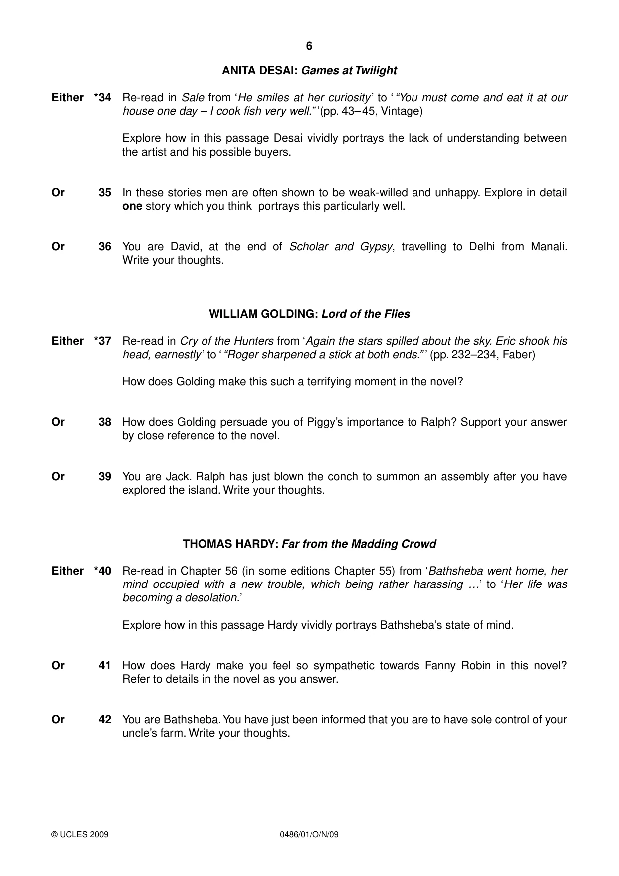 Cambridge IGCSE English - Literature 0486 2009 Oct/Nov Paper 1 · Variant 1 question paper, page 6 of 8