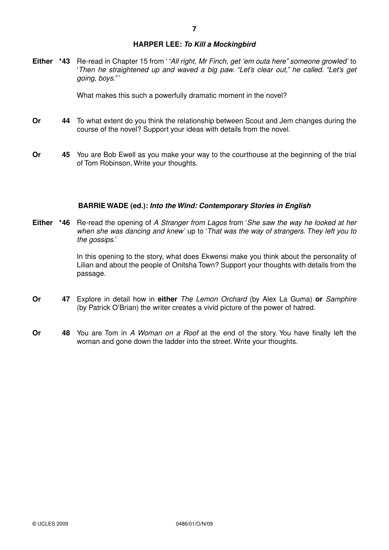 Cambridge IGCSE English - Literature 0486 2009 Oct/Nov Paper 1 · Variant 1 question paper, page 7 of 8