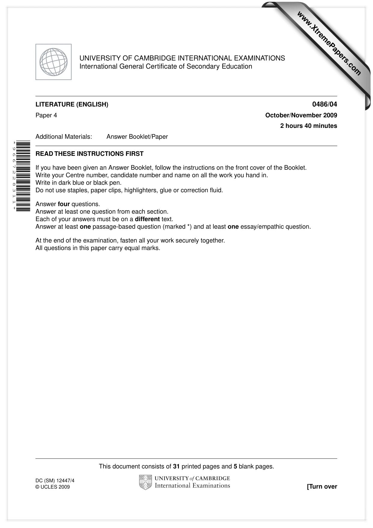 Cambridge IGCSE English - Literature 0486 2009 Oct/Nov Paper 4 · Variant 1 question paper, page 1 of 36