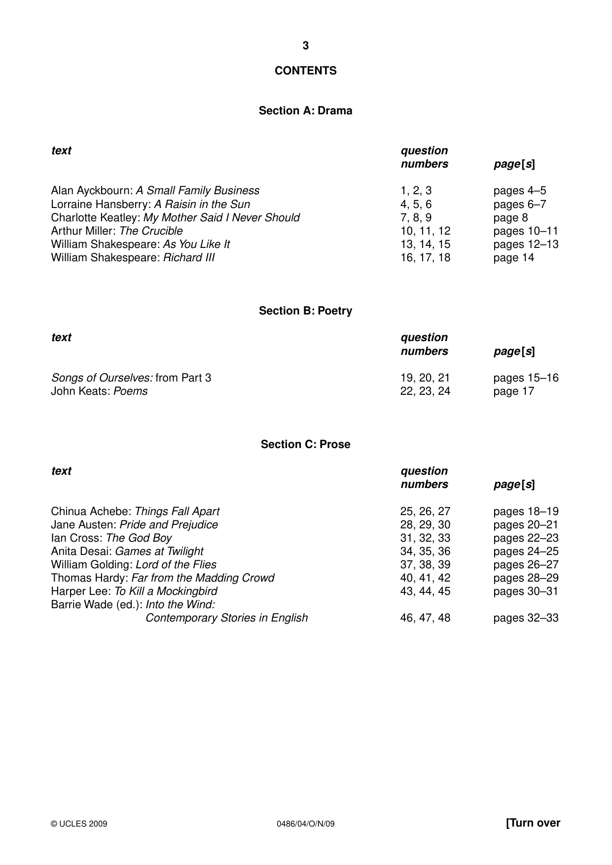 Cambridge IGCSE English - Literature 0486 2009 Oct/Nov Paper 4 · Variant 1 question paper, page 3 of 36