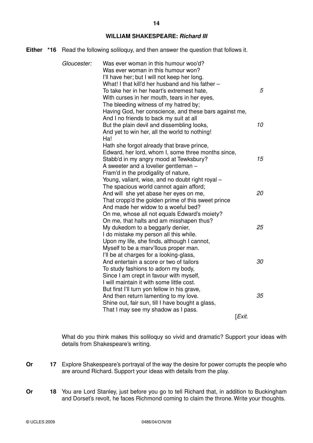 Cambridge IGCSE English - Literature 0486 2009 Oct/Nov Paper 4 · Variant 1 question paper, page 14 of 36