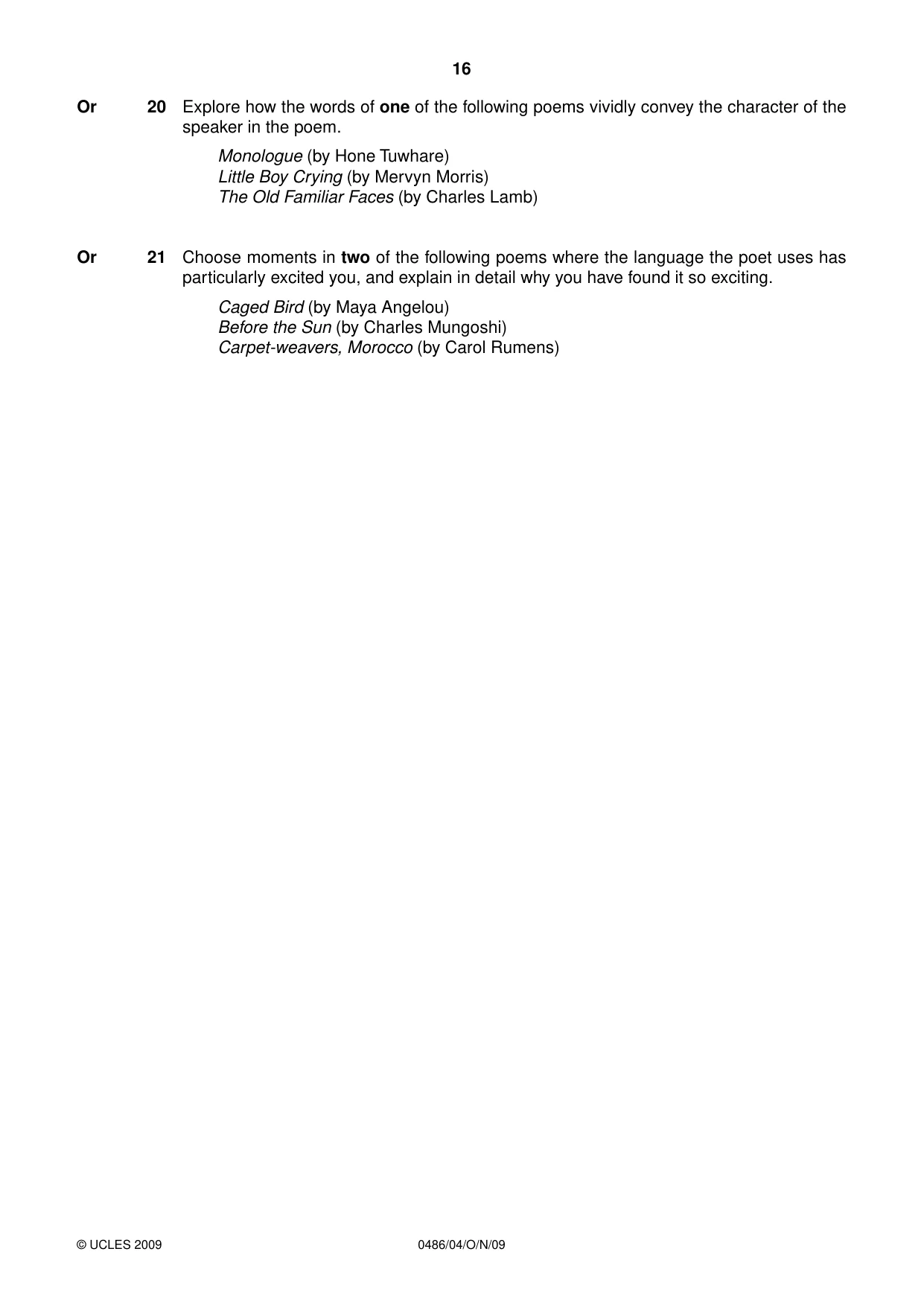 Cambridge IGCSE English - Literature 0486 2009 Oct/Nov Paper 4 · Variant 1 question paper, page 16 of 36