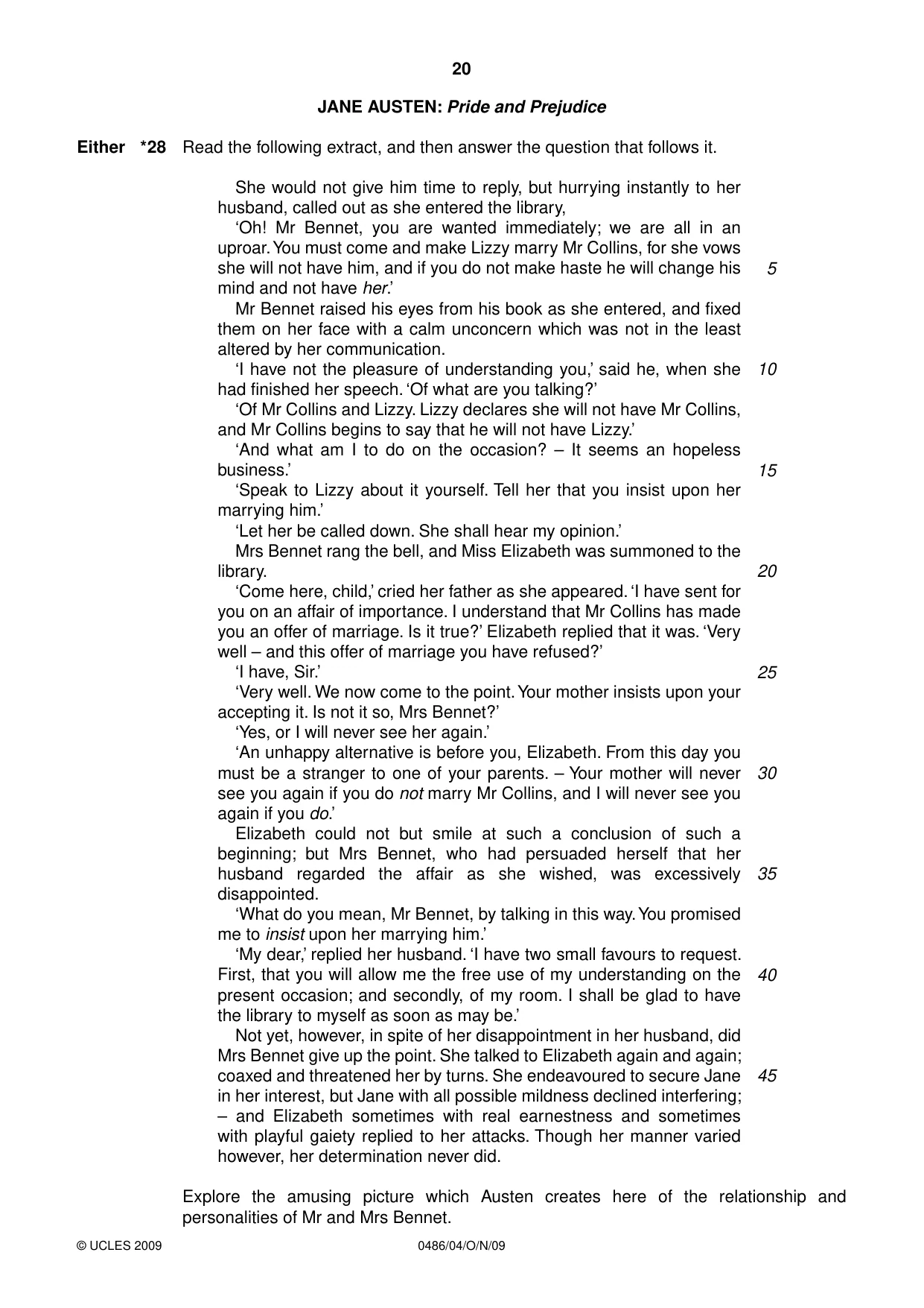 Cambridge IGCSE English - Literature 0486 2009 Oct/Nov Paper 4 · Variant 1 question paper, page 20 of 36