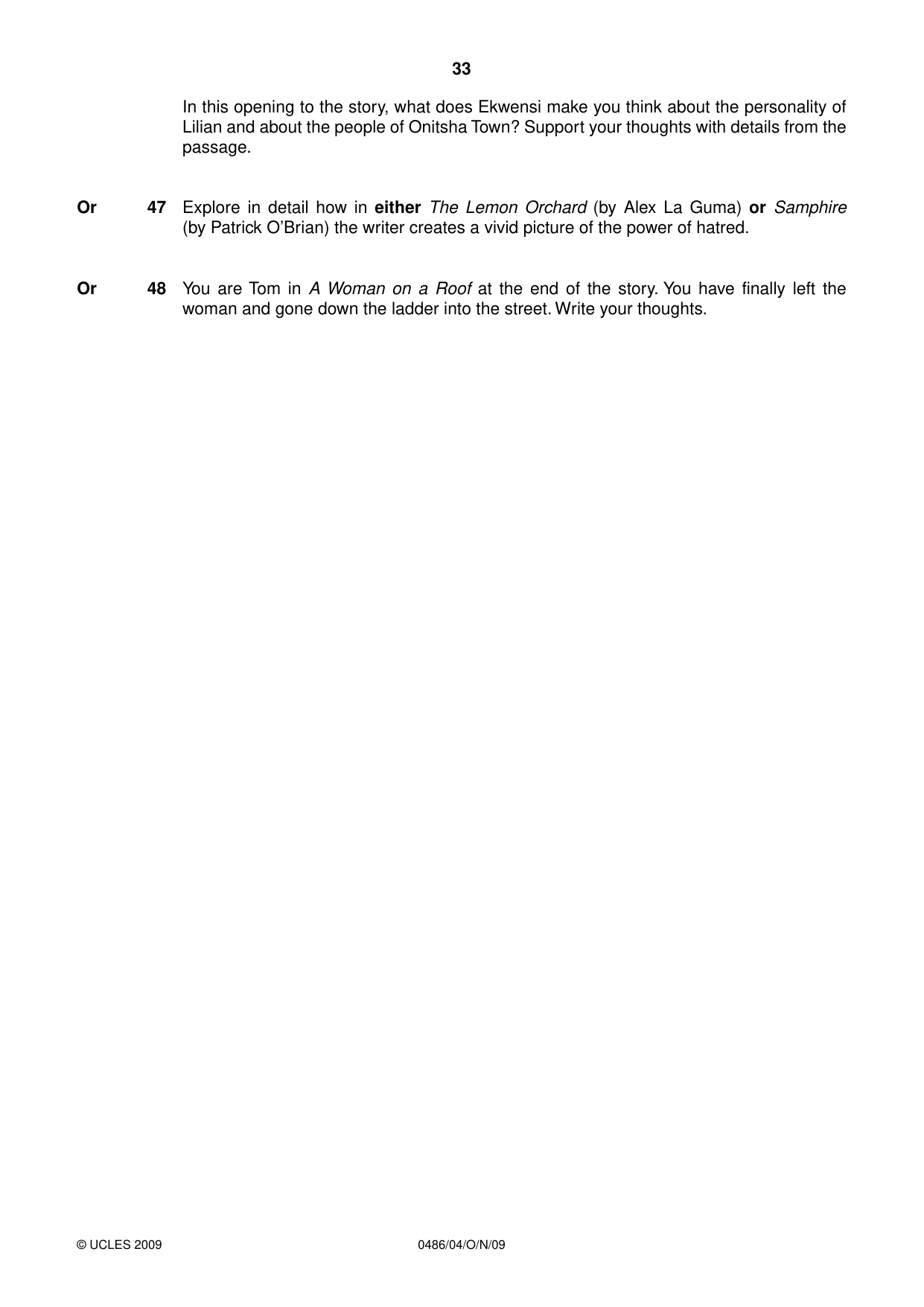 Cambridge IGCSE English - Literature 0486 2009 Oct/Nov Paper 4 · Variant 1 question paper, page 33 of 36