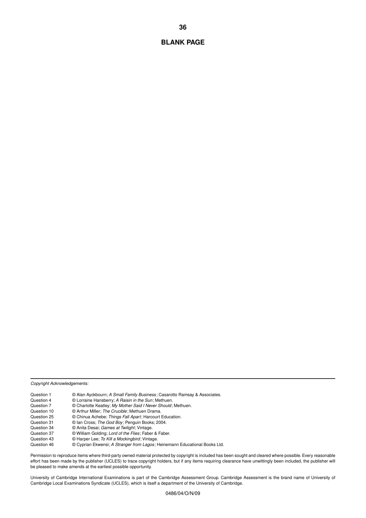 Cambridge IGCSE English - Literature 0486 2009 Oct/Nov Paper 4 · Variant 1 question paper, page 36 of 36