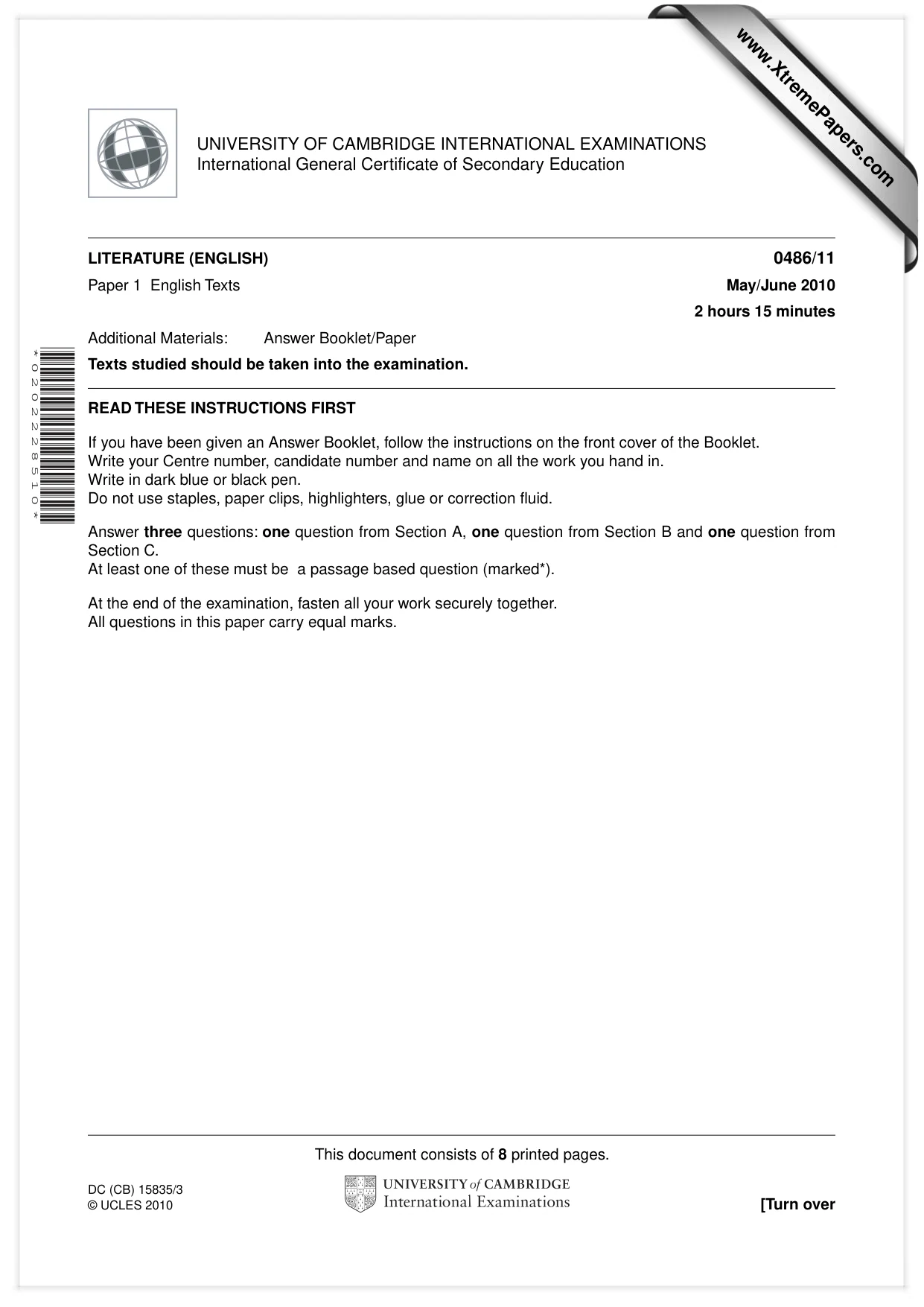 Cambridge IGCSE English - Literature 0486 2010 May/June Paper 1 · Variant 1 question paper, page 1 of 8