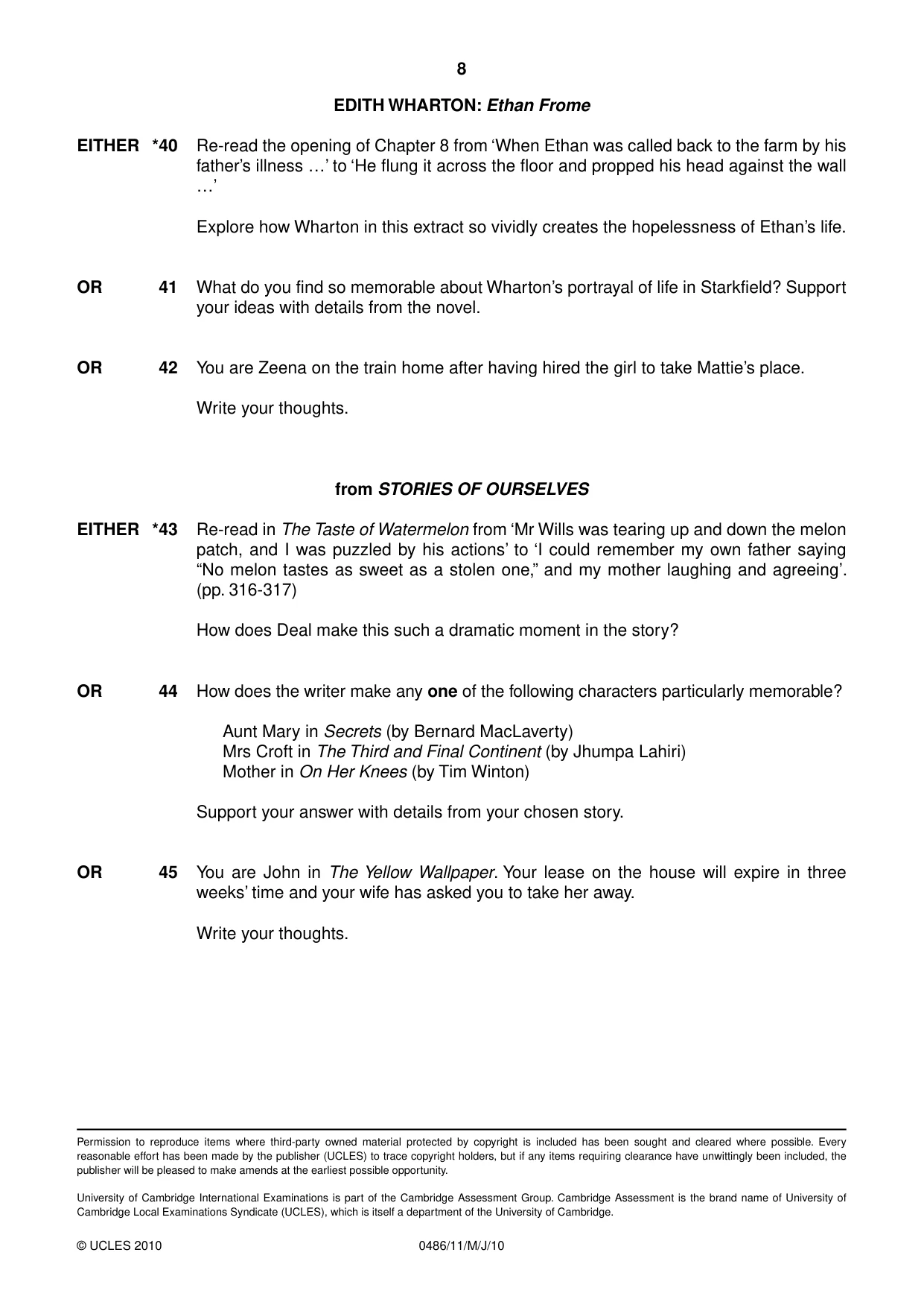 Cambridge IGCSE English - Literature 0486 2010 May/June Paper 1 · Variant 1 question paper, page 8 of 8