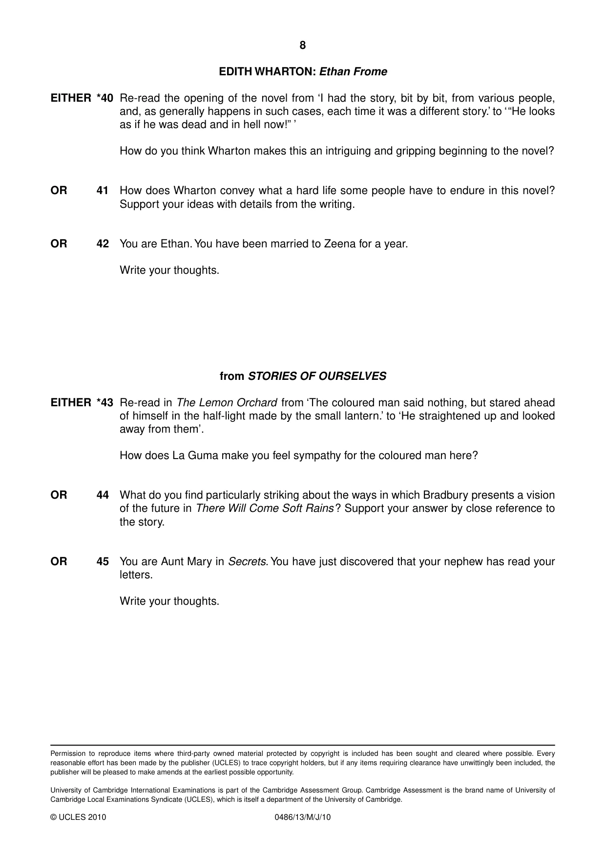 Cambridge IGCSE English - Literature 0486 2010 May/June Paper 1 · Variant 3 question paper, page 8 of 8