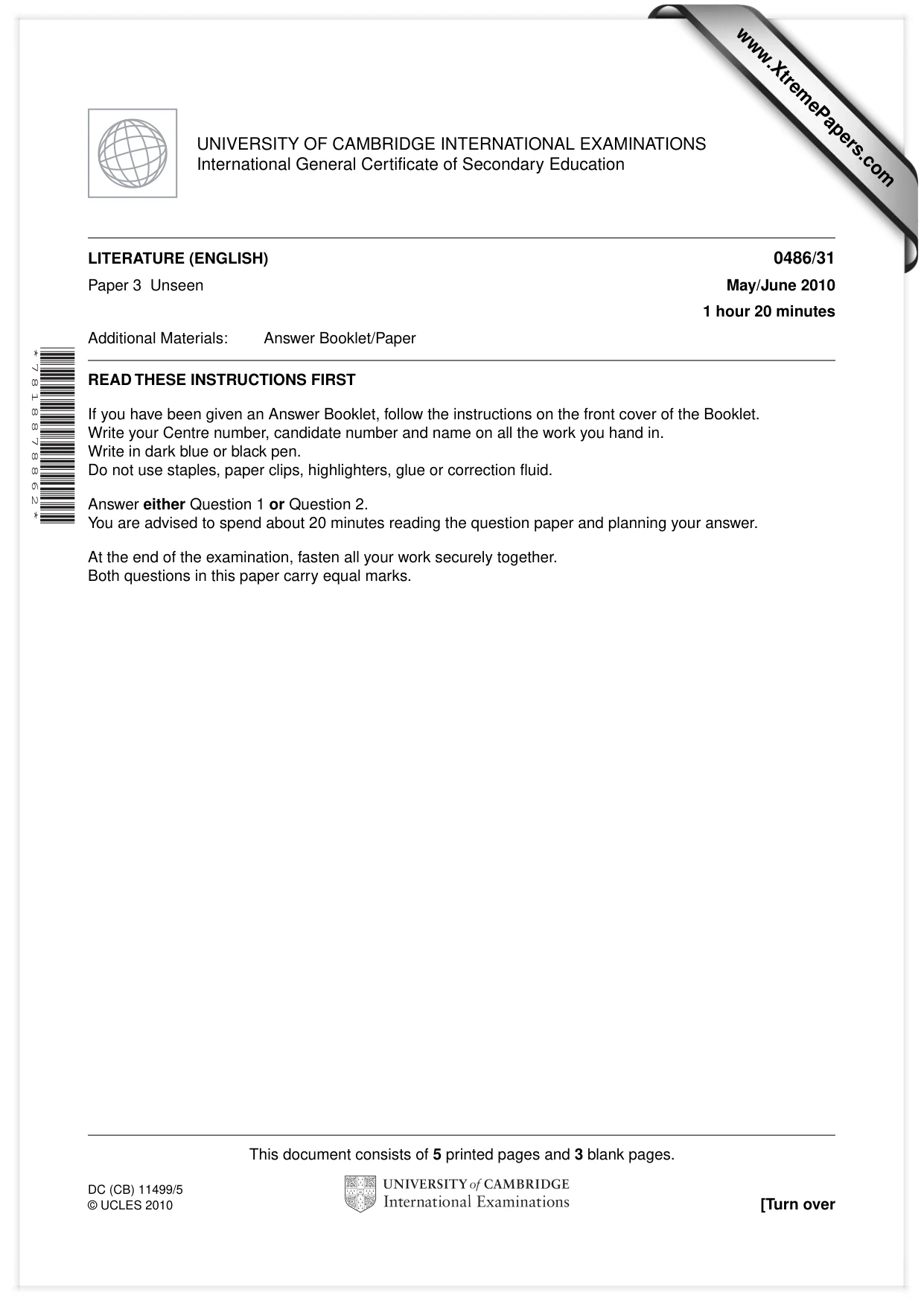 Cambridge IGCSE English - Literature 0486 2010 May/June Paper 3 · Variant 1 question paper, page 1 of 8