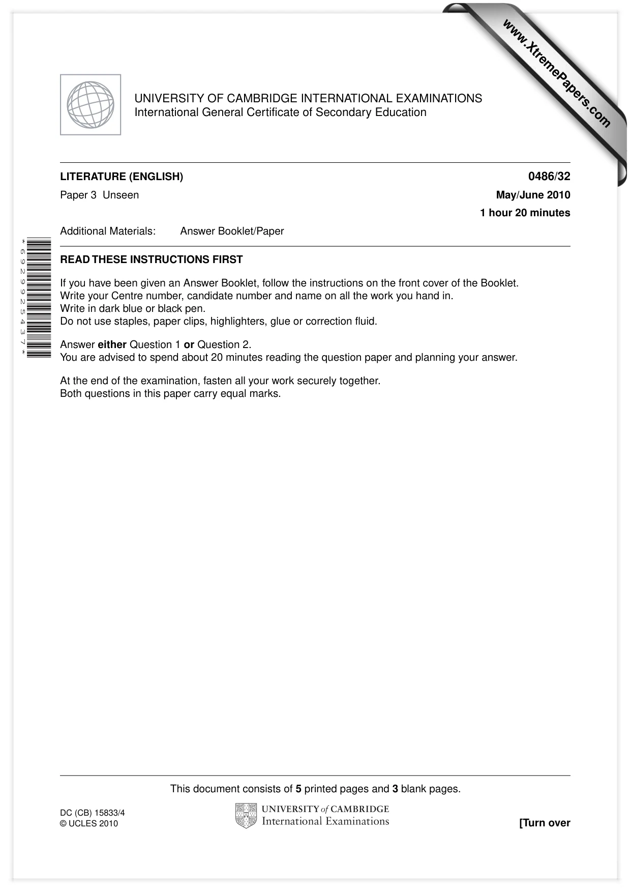 Cambridge IGCSE English - Literature 0486 2010 May/June Paper 3 · Variant 2 question paper, page 1 of 8
