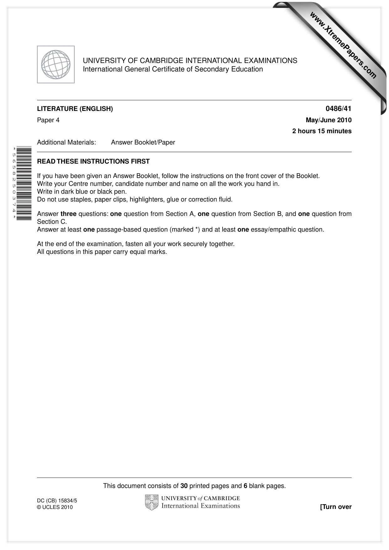 Cambridge IGCSE English - Literature 0486 2010 May/June Paper 4 · Variant 1 question paper, page 1 of 36