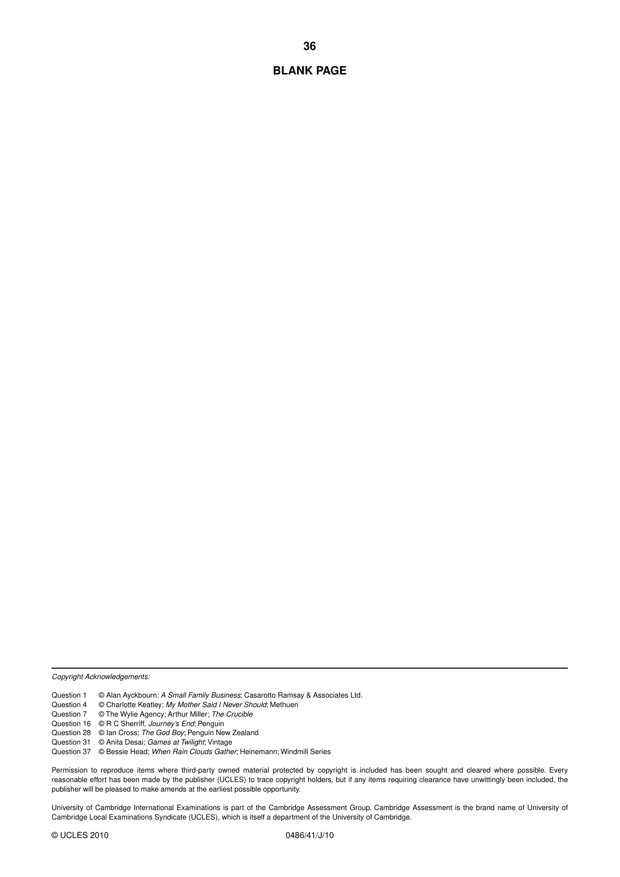 Cambridge IGCSE English - Literature 0486 2010 May/June Paper 4 · Variant 1 question paper, page 36 of 36