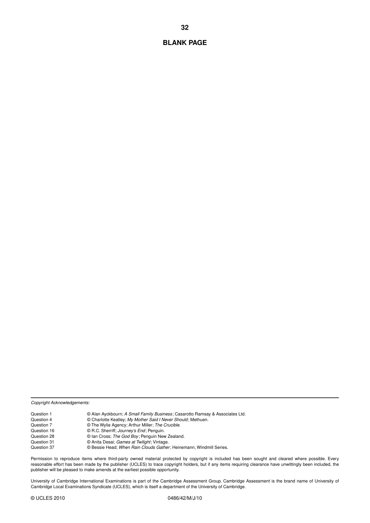 Cambridge IGCSE English - Literature 0486 2010 May/June Paper 4 · Variant 2 question paper, page 32 of 32