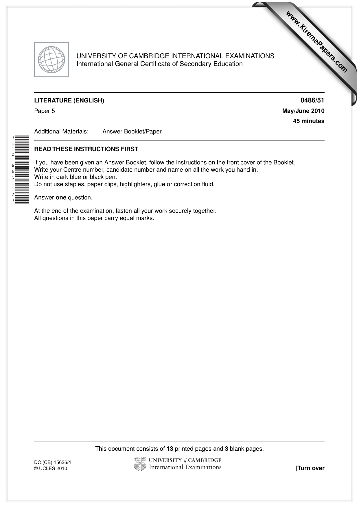 Cambridge IGCSE English - Literature 0486 2010 May/June Paper 5 · Variant 1 question paper, page 1 of 16