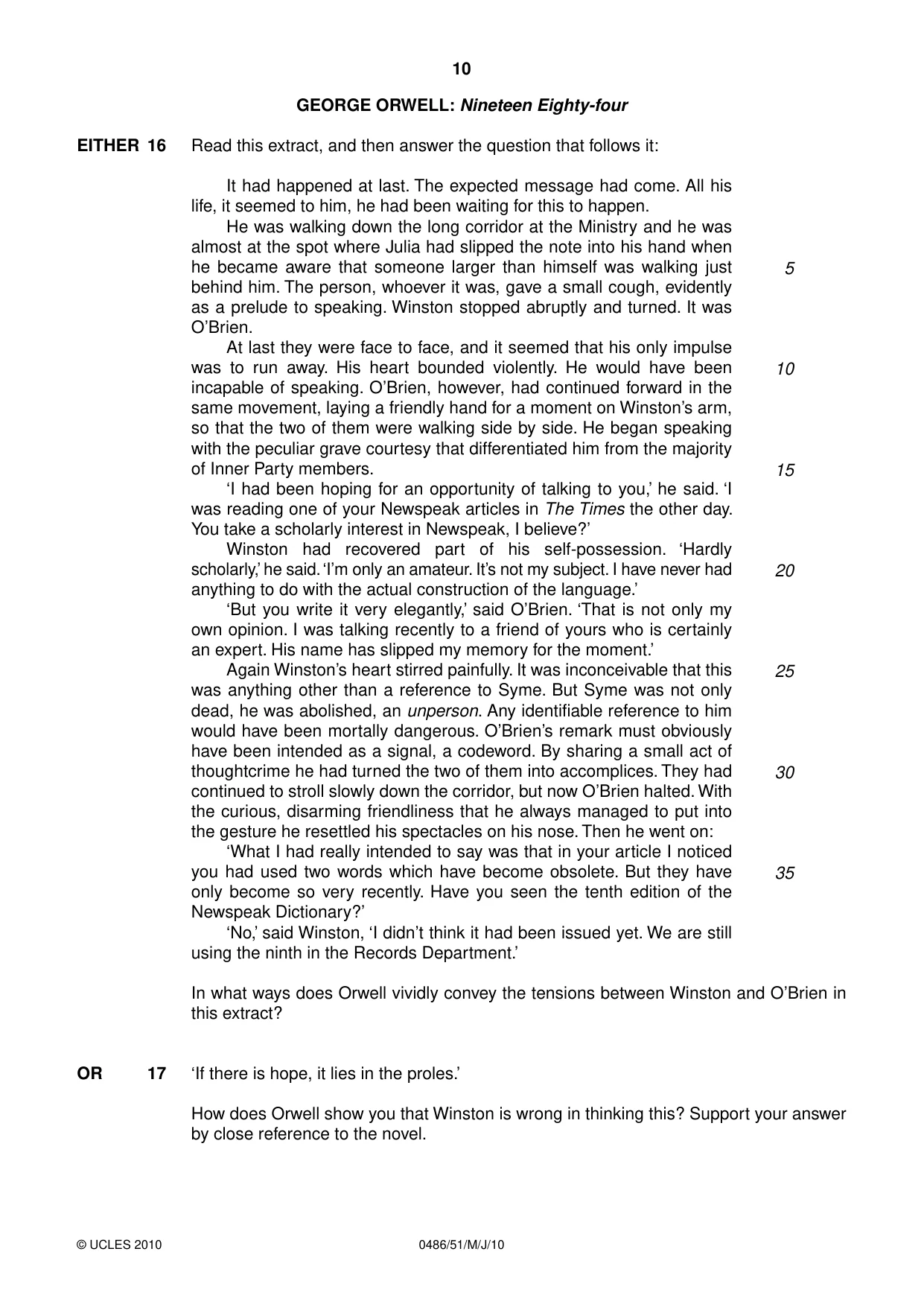 Cambridge IGCSE English - Literature 0486 2010 May/June Paper 5 · Variant 1 question paper, page 10 of 16
