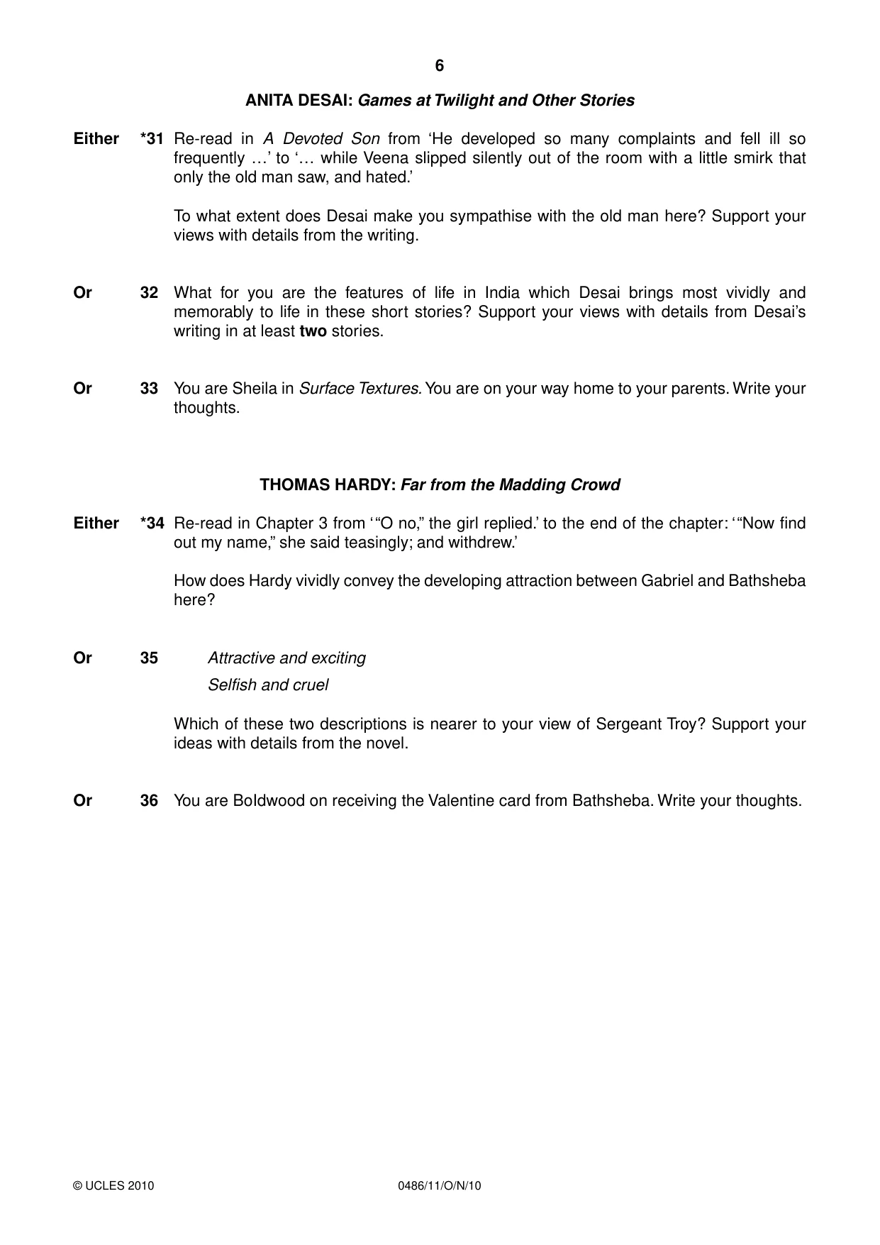 Cambridge IGCSE English - Literature 0486 2010 Oct/Nov Paper 1 · Variant 1 question paper, page 6 of 8