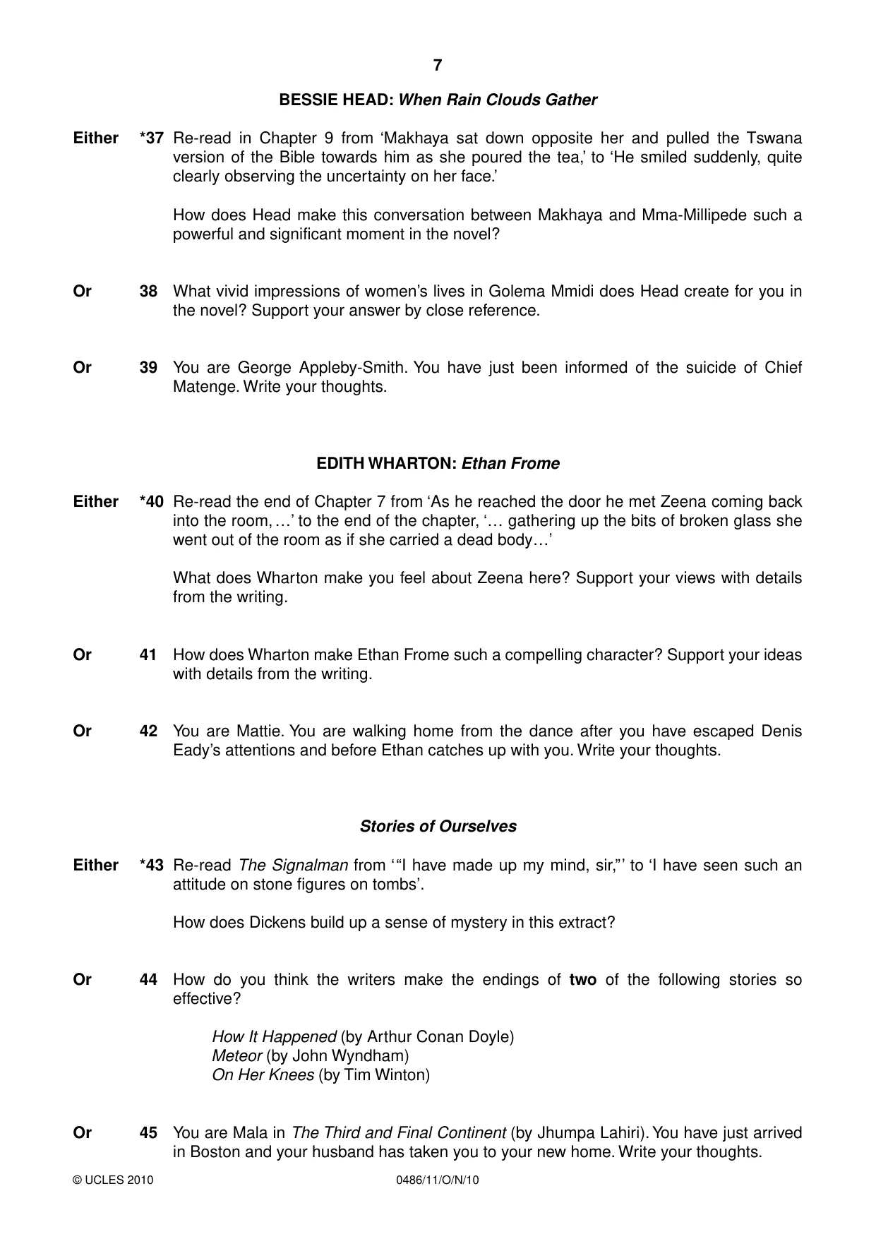 Cambridge IGCSE English - Literature 0486 2010 Oct/Nov Paper 1 · Variant 1 question paper, page 7 of 8