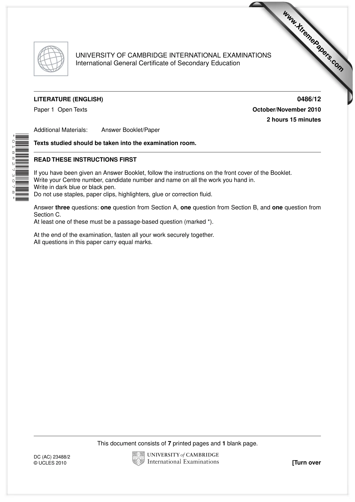 Cambridge IGCSE English - Literature 0486 2010 Oct/Nov Paper 1 · Variant 2 question paper, page 1 of 8