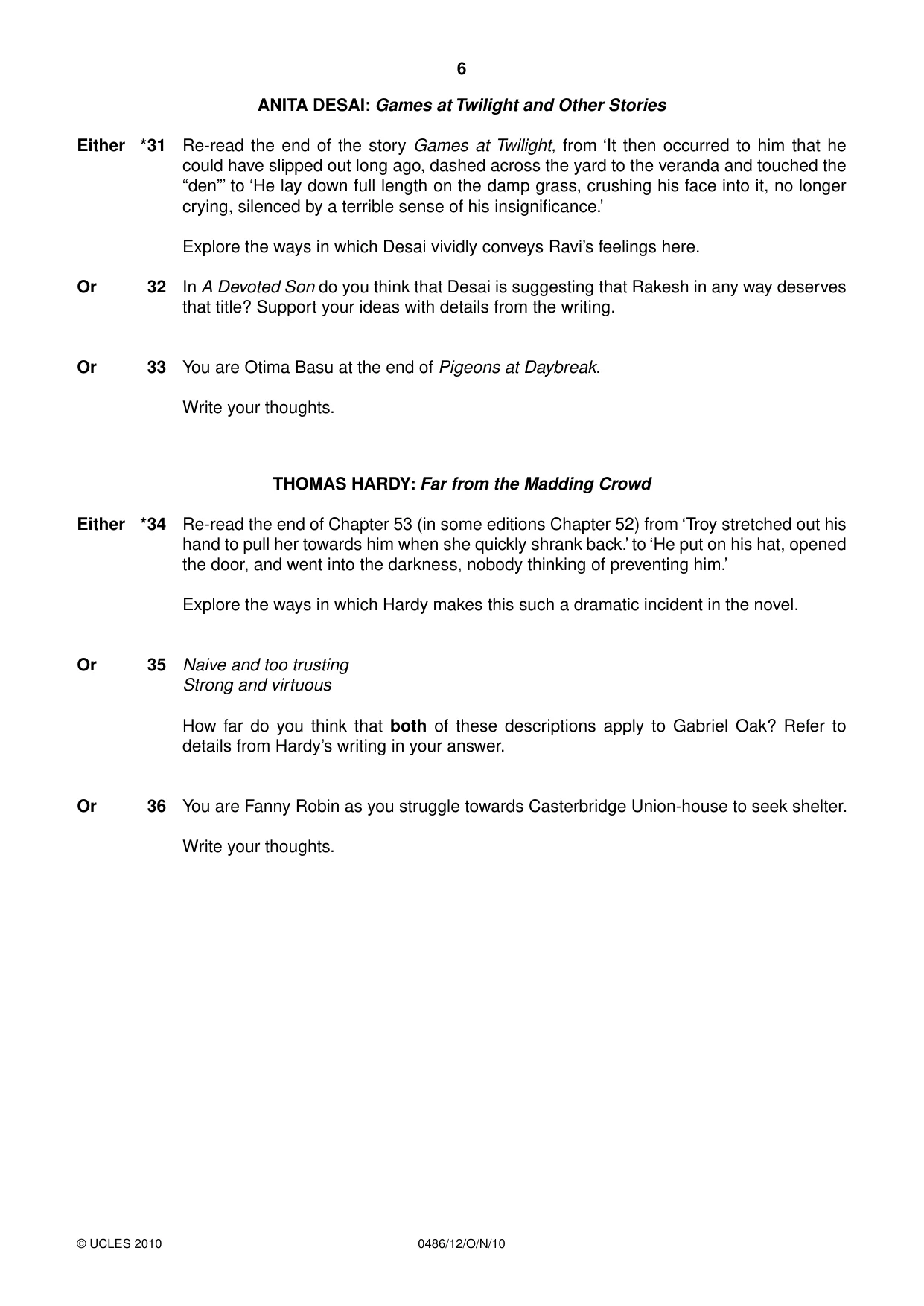Cambridge IGCSE English - Literature 0486 2010 Oct/Nov Paper 1 · Variant 2 question paper, page 6 of 8