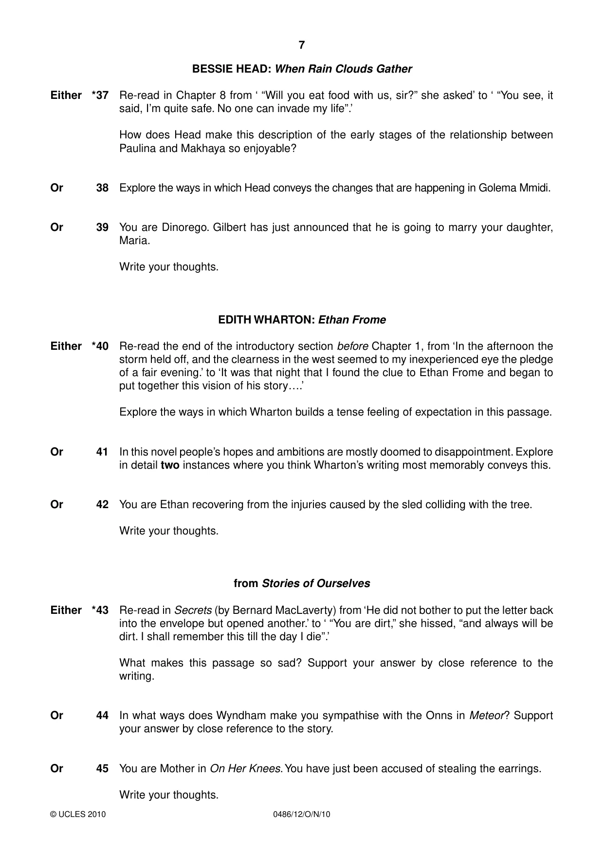 Cambridge IGCSE English - Literature 0486 2010 Oct/Nov Paper 1 · Variant 2 question paper, page 7 of 8
