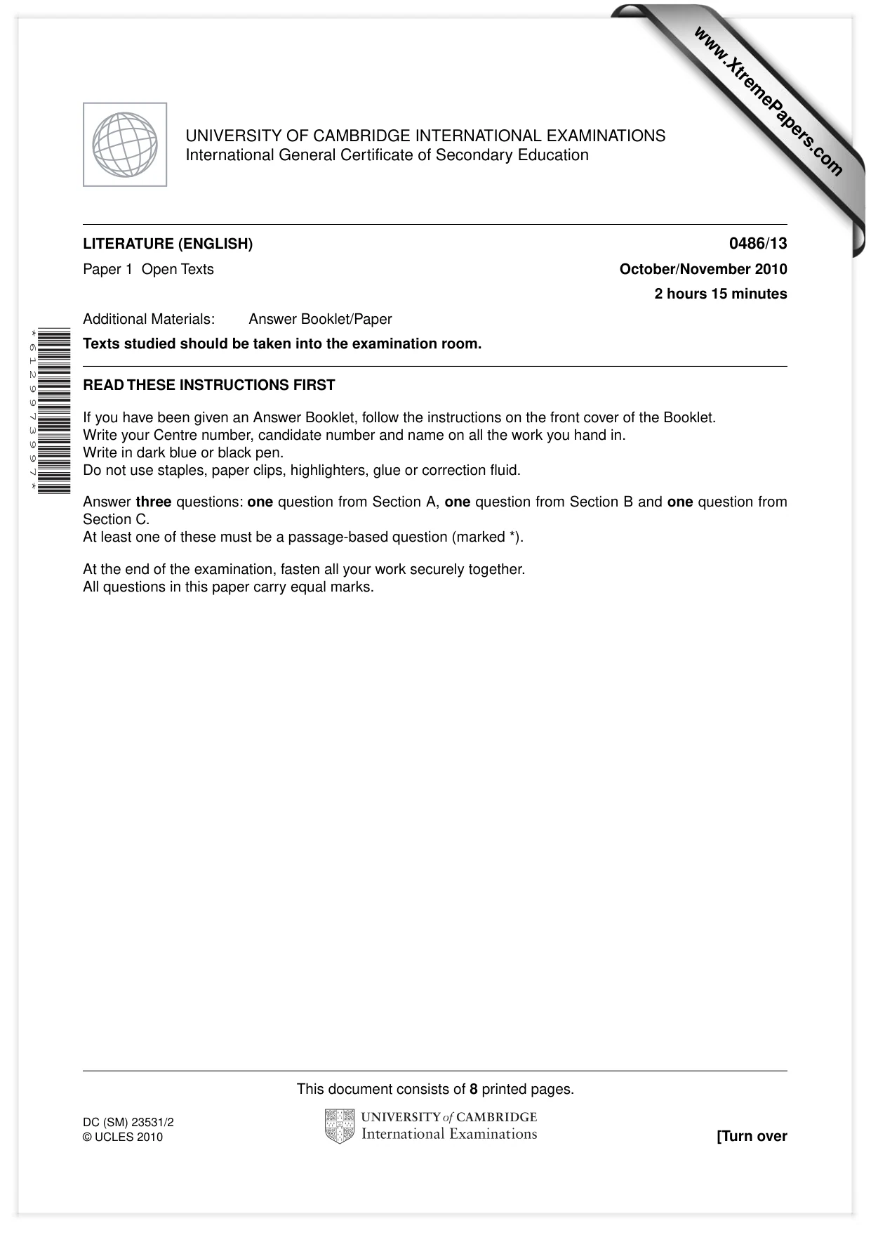 Cambridge IGCSE English - Literature 0486 2010 Oct/Nov Paper 1 · Variant 3 question paper, page 1 of 8