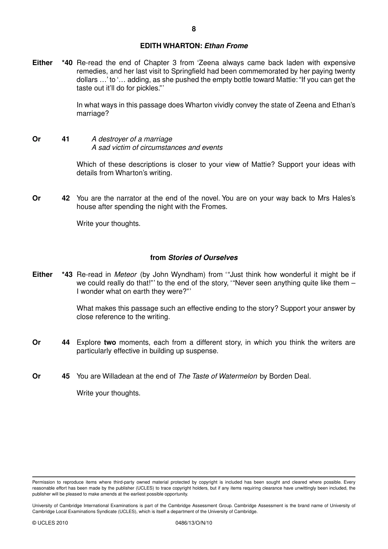 Cambridge IGCSE English - Literature 0486 2010 Oct/Nov Paper 1 · Variant 3 question paper, page 8 of 8