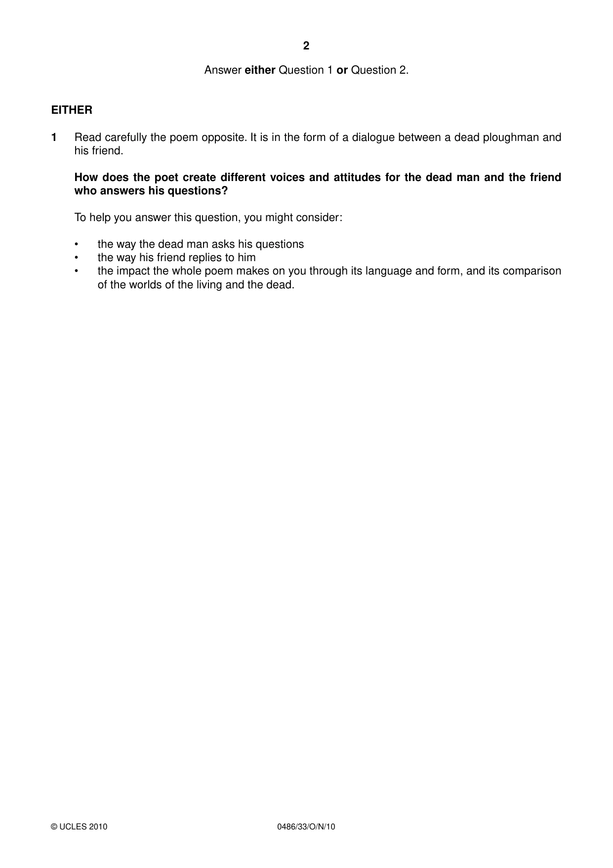 Cambridge IGCSE English - Literature 0486 2010 Oct/Nov Paper 3 · Variant 3 question paper, page 2 of 8