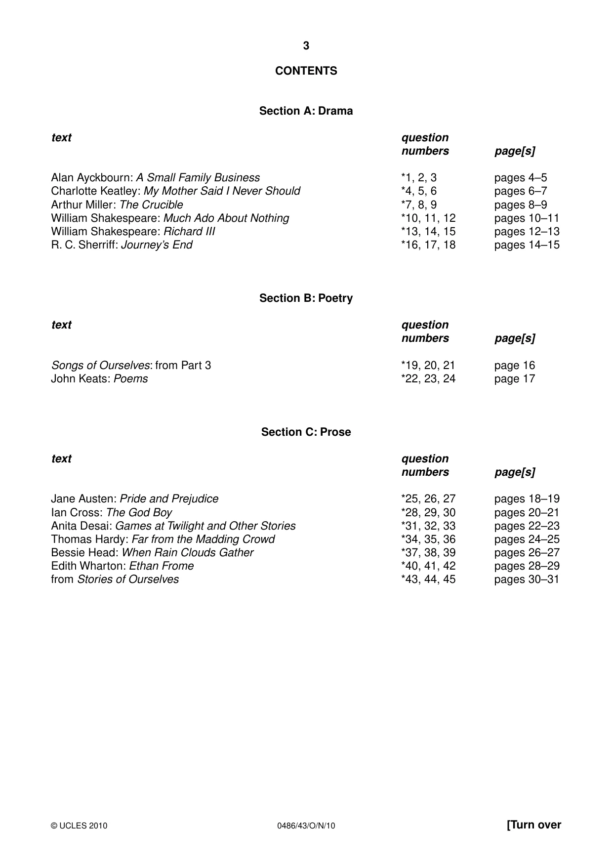 Cambridge IGCSE English - Literature 0486 2010 Oct/Nov Paper 4 · Variant 3 question paper, page 3 of 32