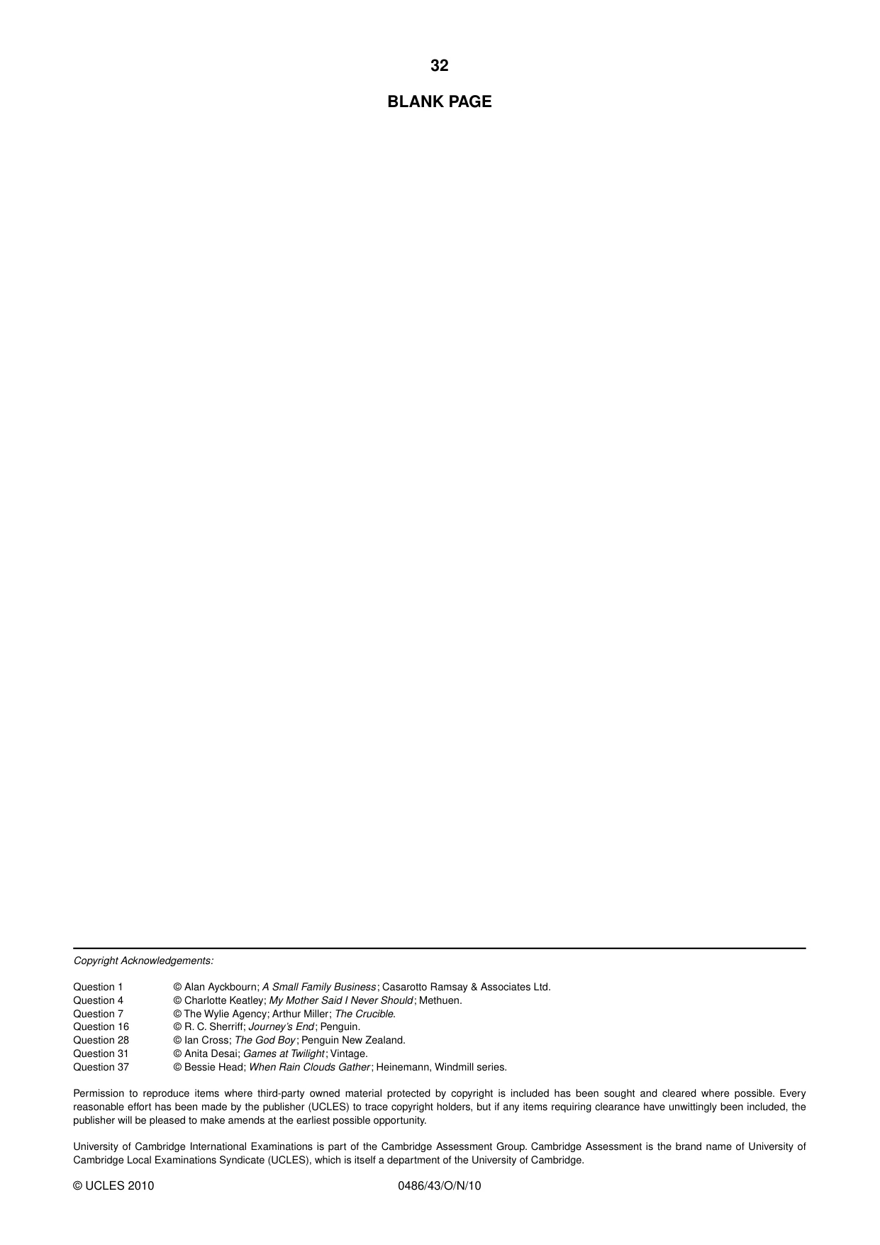 Cambridge IGCSE English - Literature 0486 2010 Oct/Nov Paper 4 · Variant 3 question paper, page 32 of 32