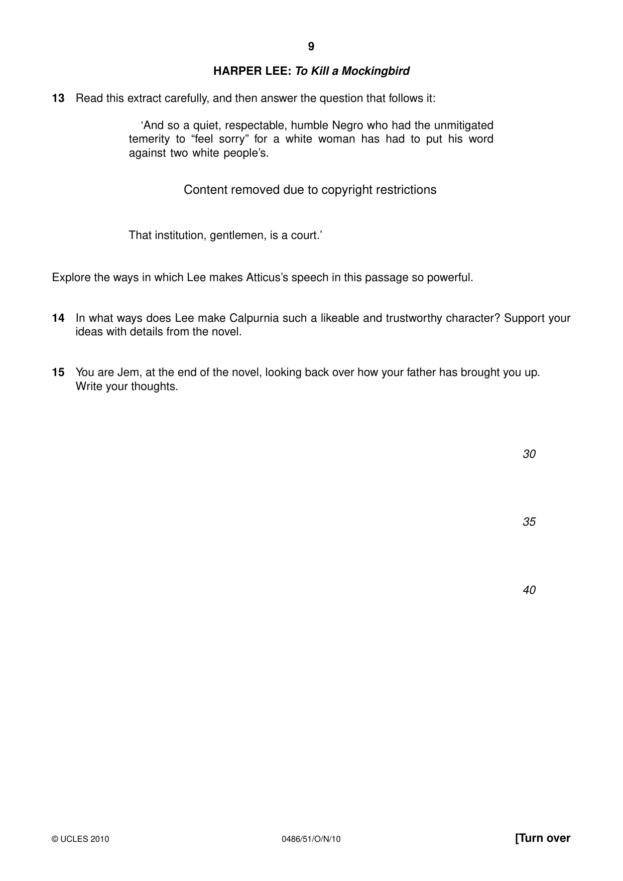 Cambridge IGCSE English - Literature 0486 2010 Oct/Nov Paper 5 · Variant 1 question paper, page 9 of 16