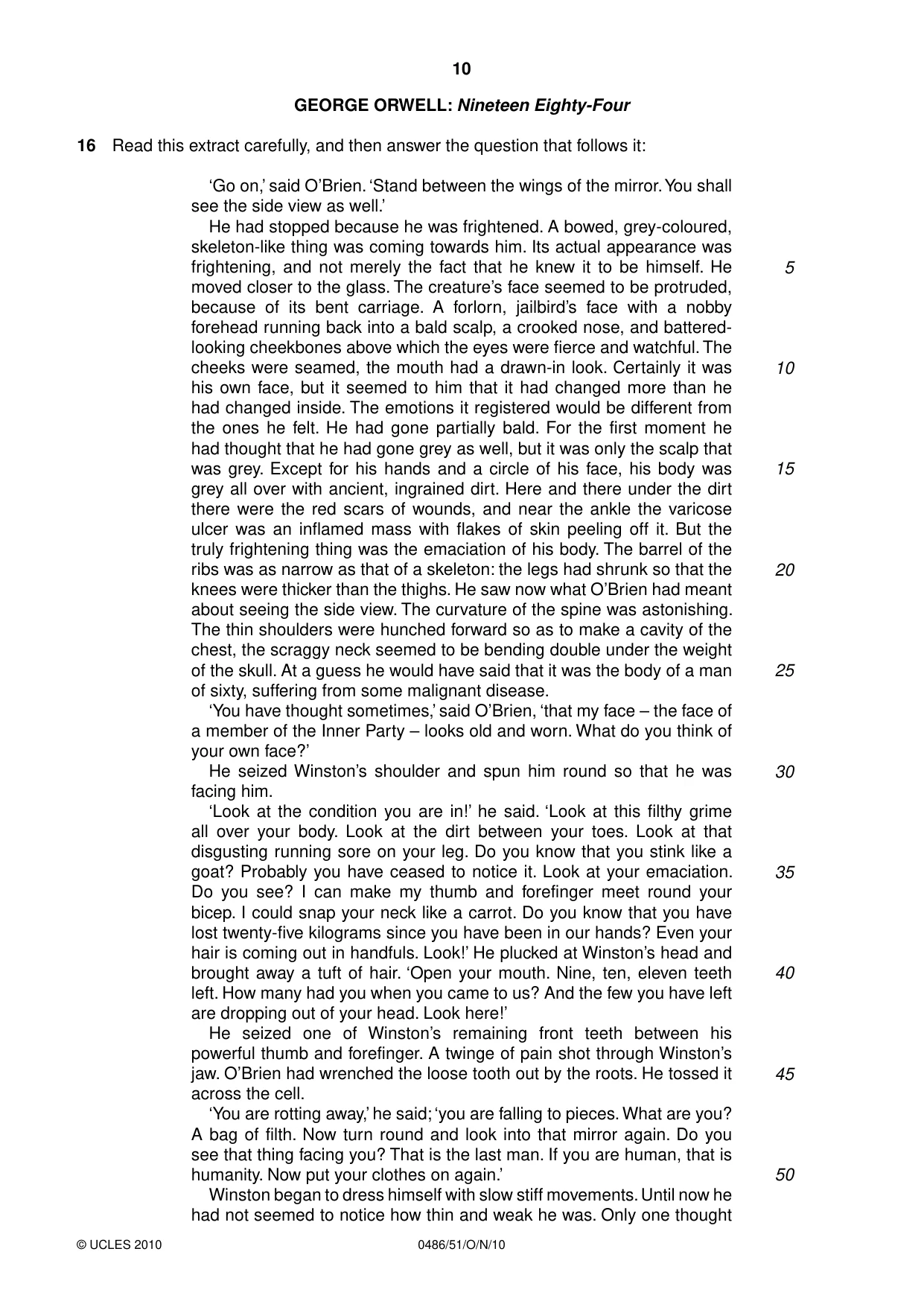 Cambridge IGCSE English - Literature 0486 2010 Oct/Nov Paper 5 · Variant 1 question paper, page 10 of 16