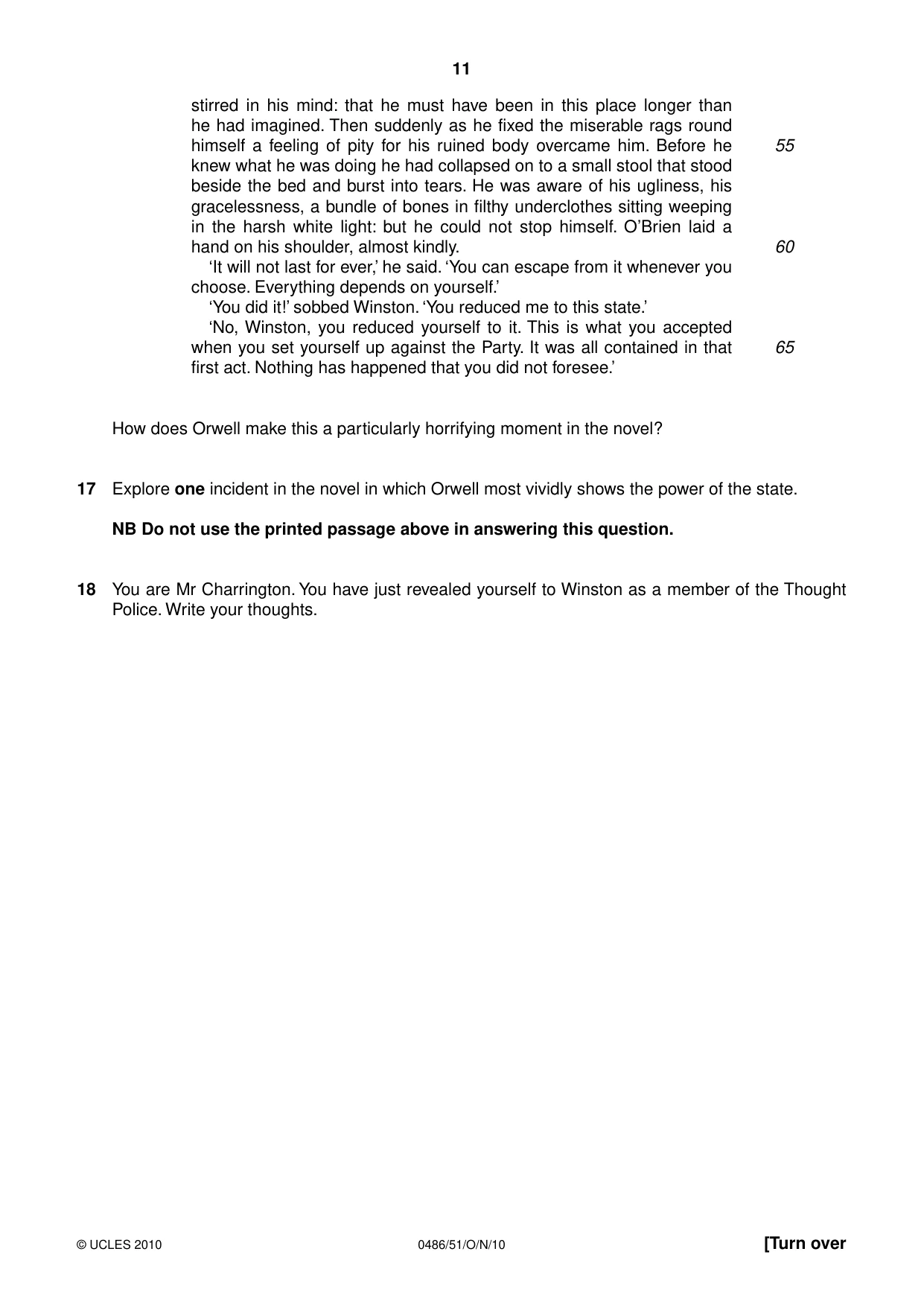 Cambridge IGCSE English - Literature 0486 2010 Oct/Nov Paper 5 · Variant 1 question paper, page 11 of 16