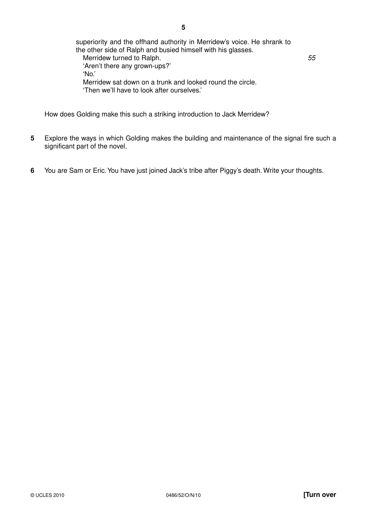 Cambridge IGCSE English - Literature 0486 2010 Oct/Nov Paper 5 · Variant 2 question paper, page 5 of 16