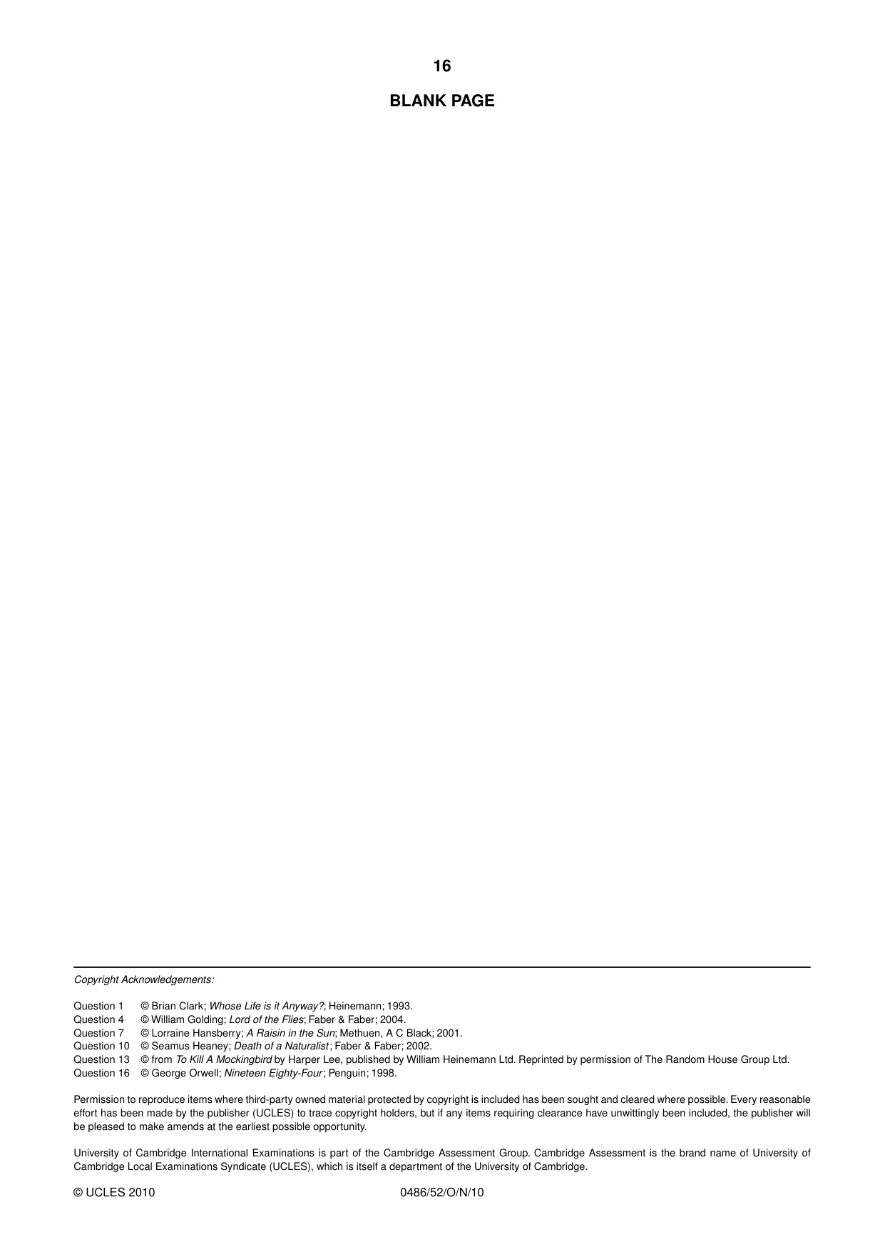 Cambridge IGCSE English - Literature 0486 2010 Oct/Nov Paper 5 · Variant 2 question paper, page 16 of 16