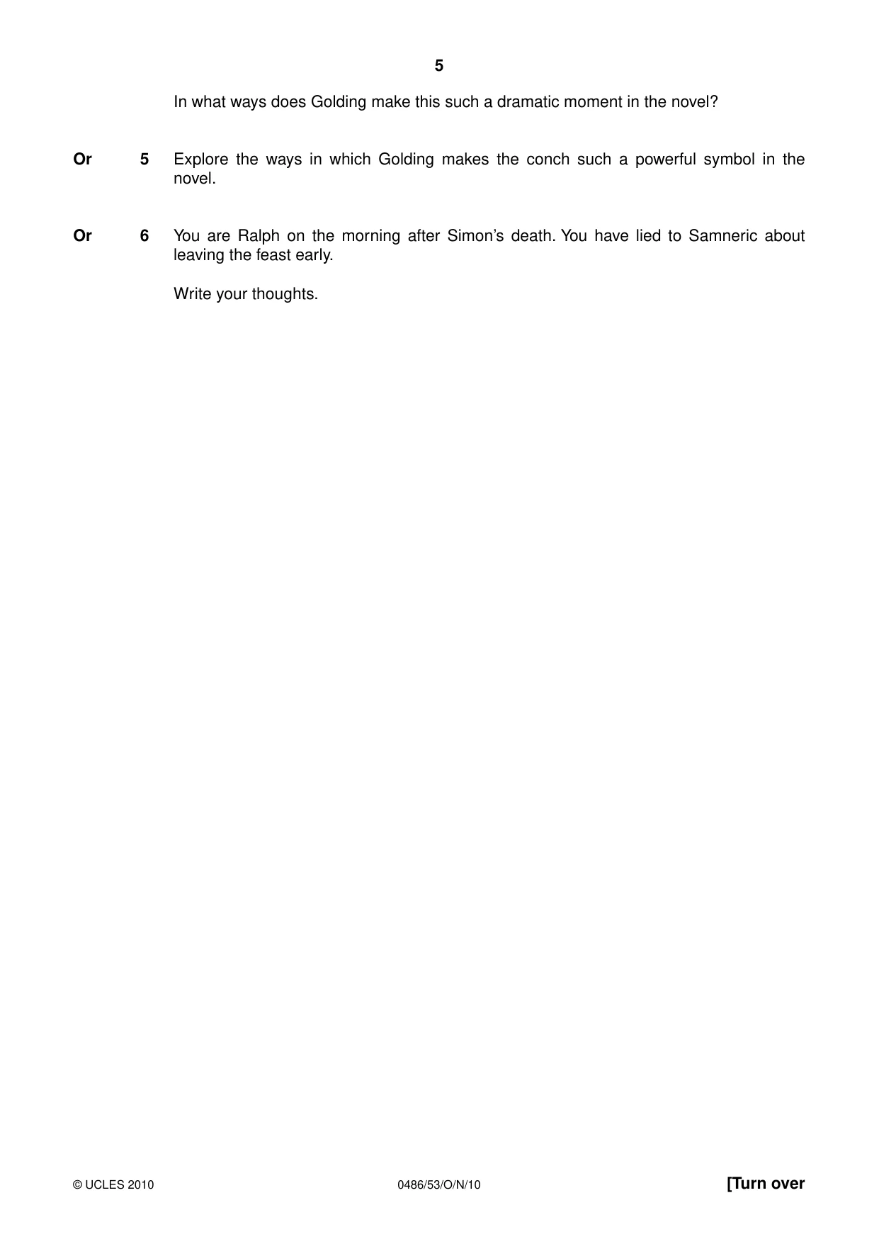 Cambridge IGCSE English - Literature 0486 2010 Oct/Nov Paper 5 · Variant 3 question paper, page 5 of 16