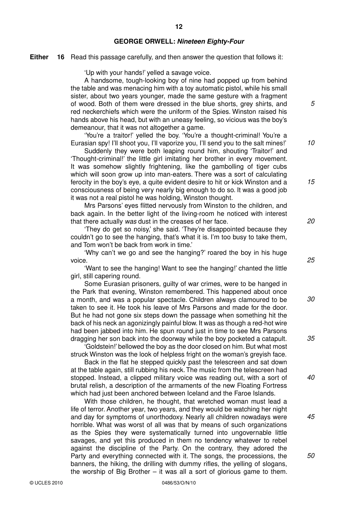 Cambridge IGCSE English - Literature 0486 2010 Oct/Nov Paper 5 · Variant 3 question paper, page 12 of 16